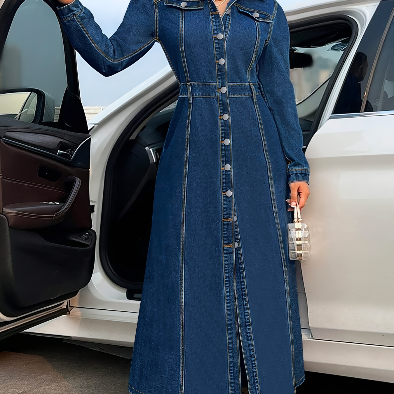 

Elegant Long Sleeve Denim Dress For Women, Bodycon Maxi Dress, Solid Color, Button Detail, Woven Fabric With Medium Stretch, For Fall/winter