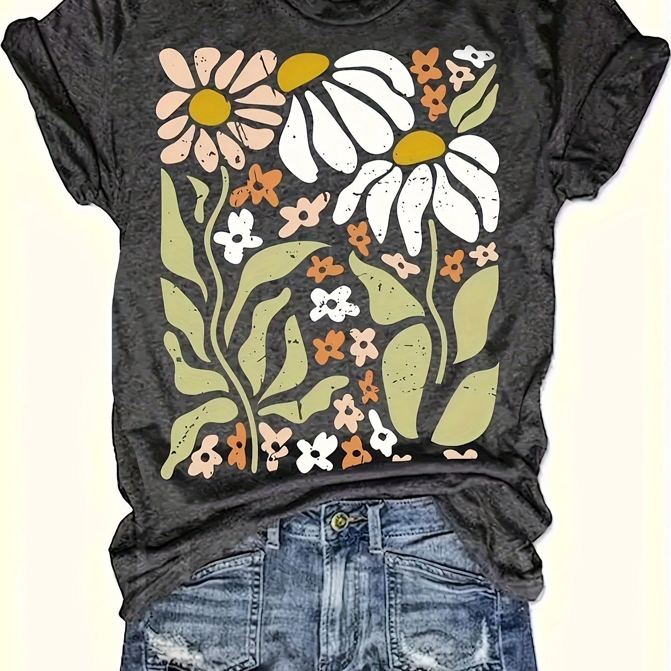 

Flower Print Crew Neck T-shirt, Casual Short Sleeve Top For Spring & Summer, Women's Clothing