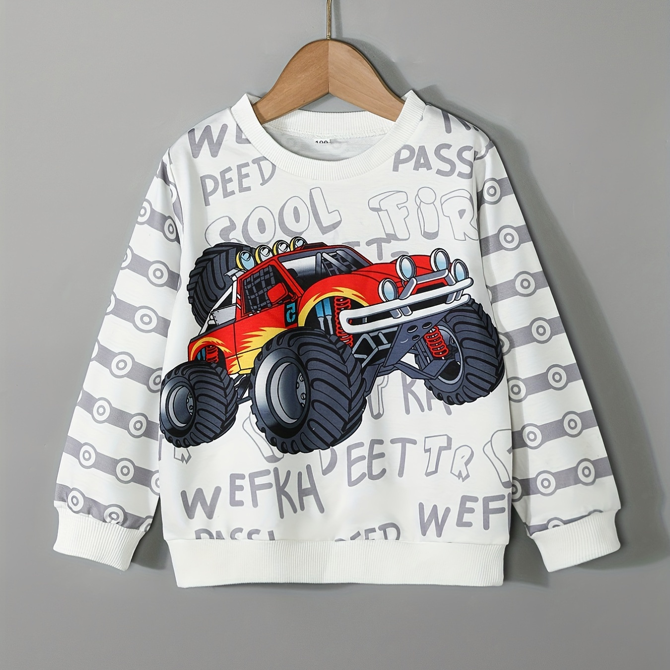 

Cartoon Truck Pattern Kid's Sweatshirt, Letter Allover Print Long Sleeve Top, Toddler Boy's Clothes For Spring Fall Winter