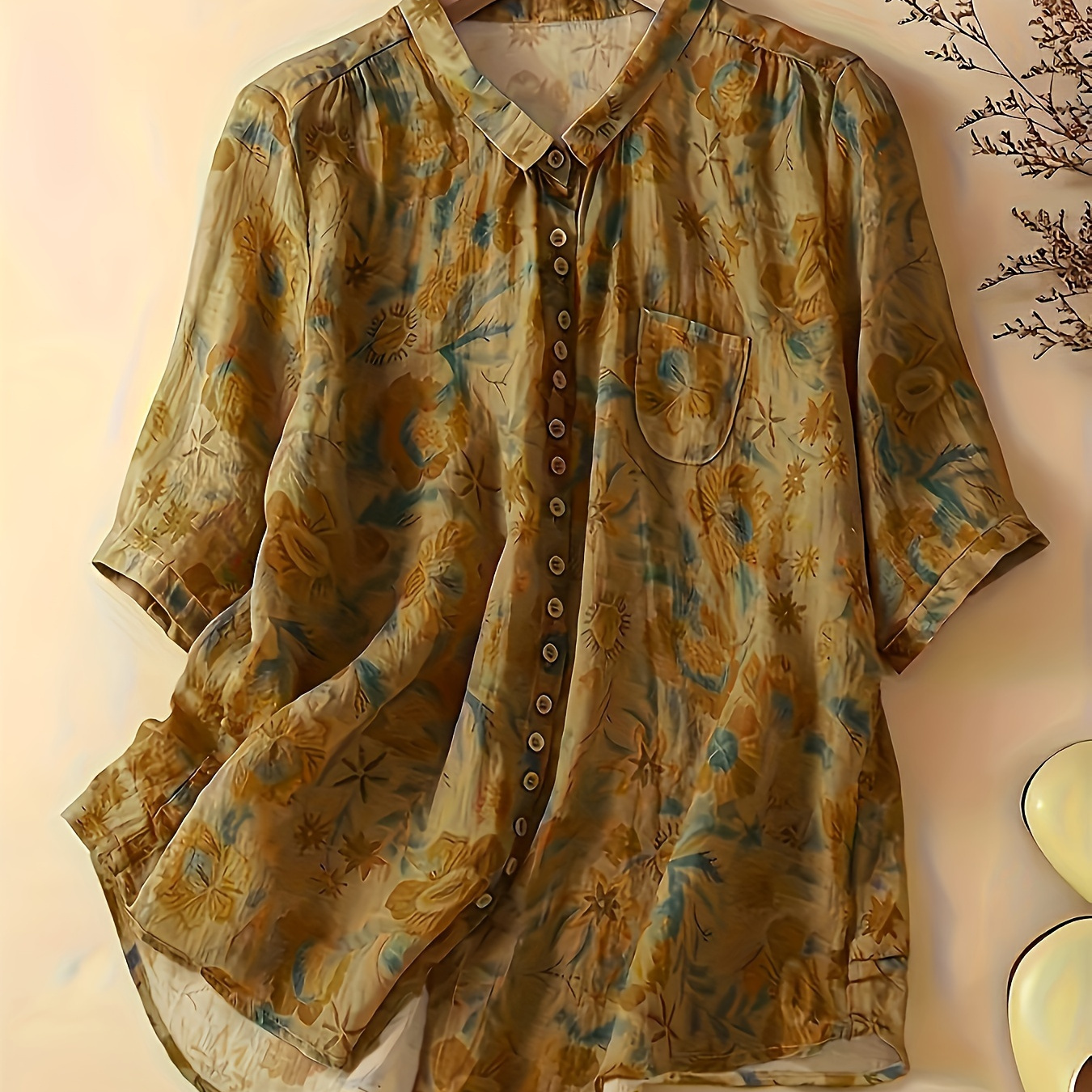 

Plus Size Floral Print Button Front Shirt, Casual Ruched Short Sleeve Shirt For Spring & Fall, Women's Plus Size Clothing