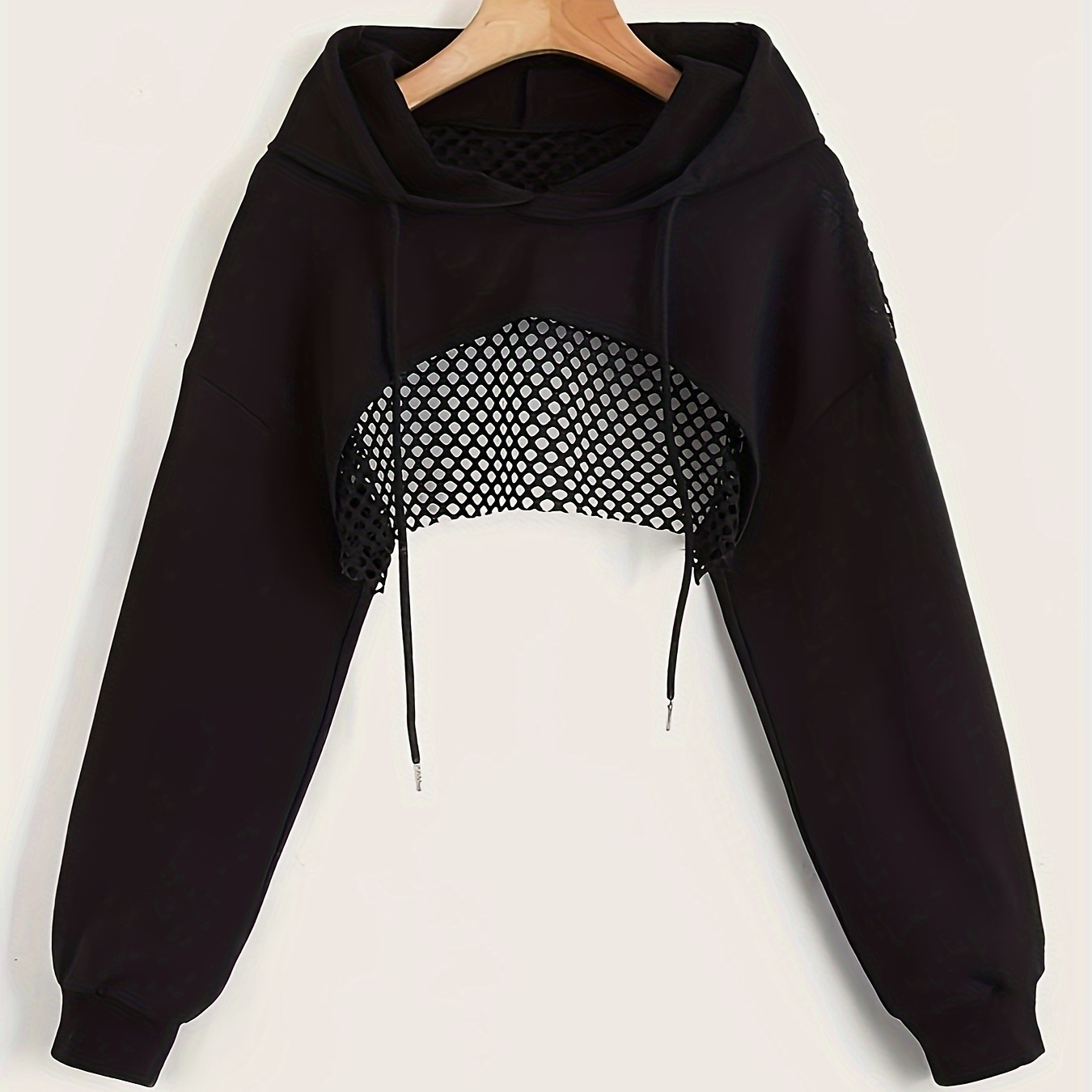 

Solid Color Causal Sports Crop Hooded Sweatshirt, Drawstring Long Sleeve Pullover Hoodie, Women's Clothing