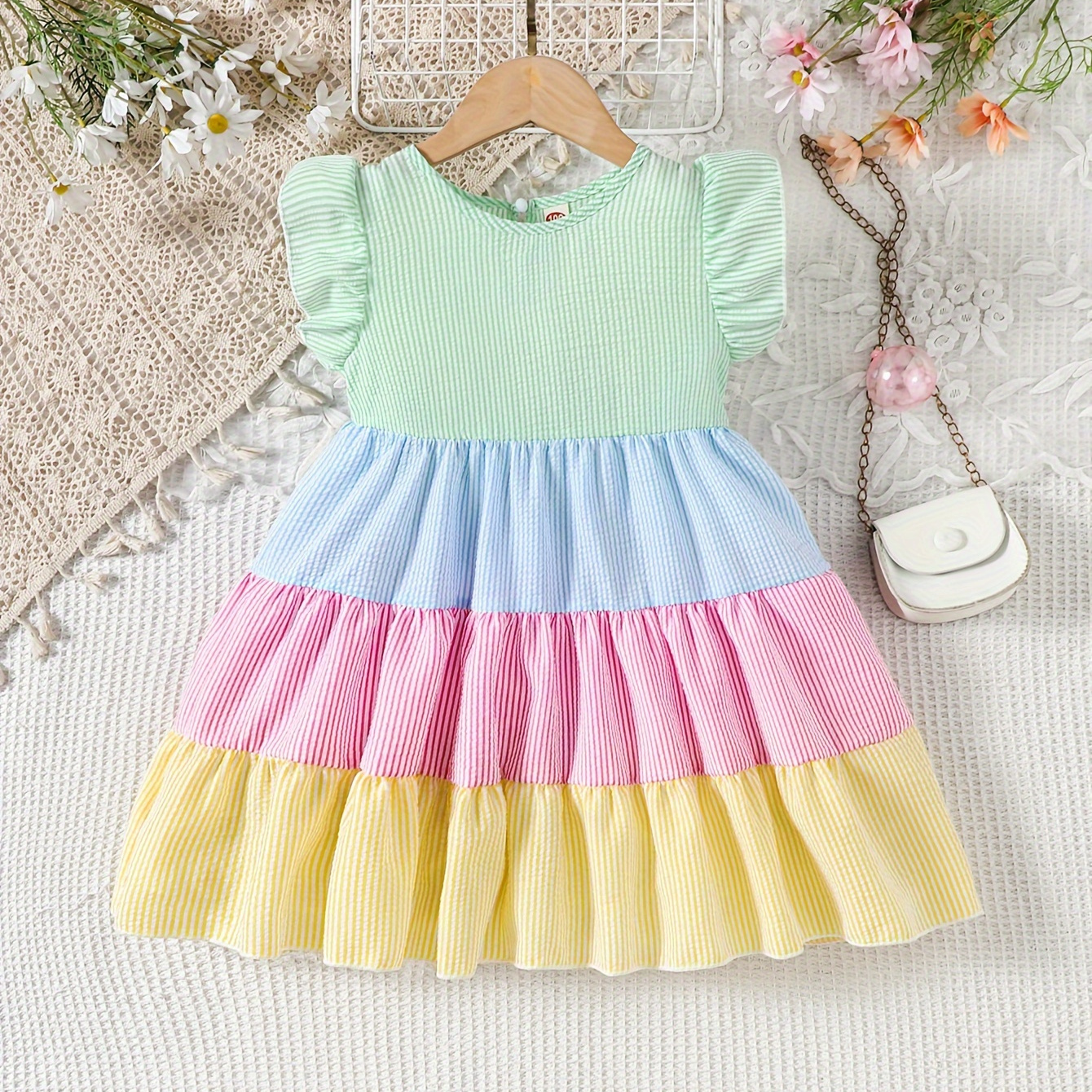 

Girls Colorblock Striped Ruffle Sleeve Casual Dress For Summer