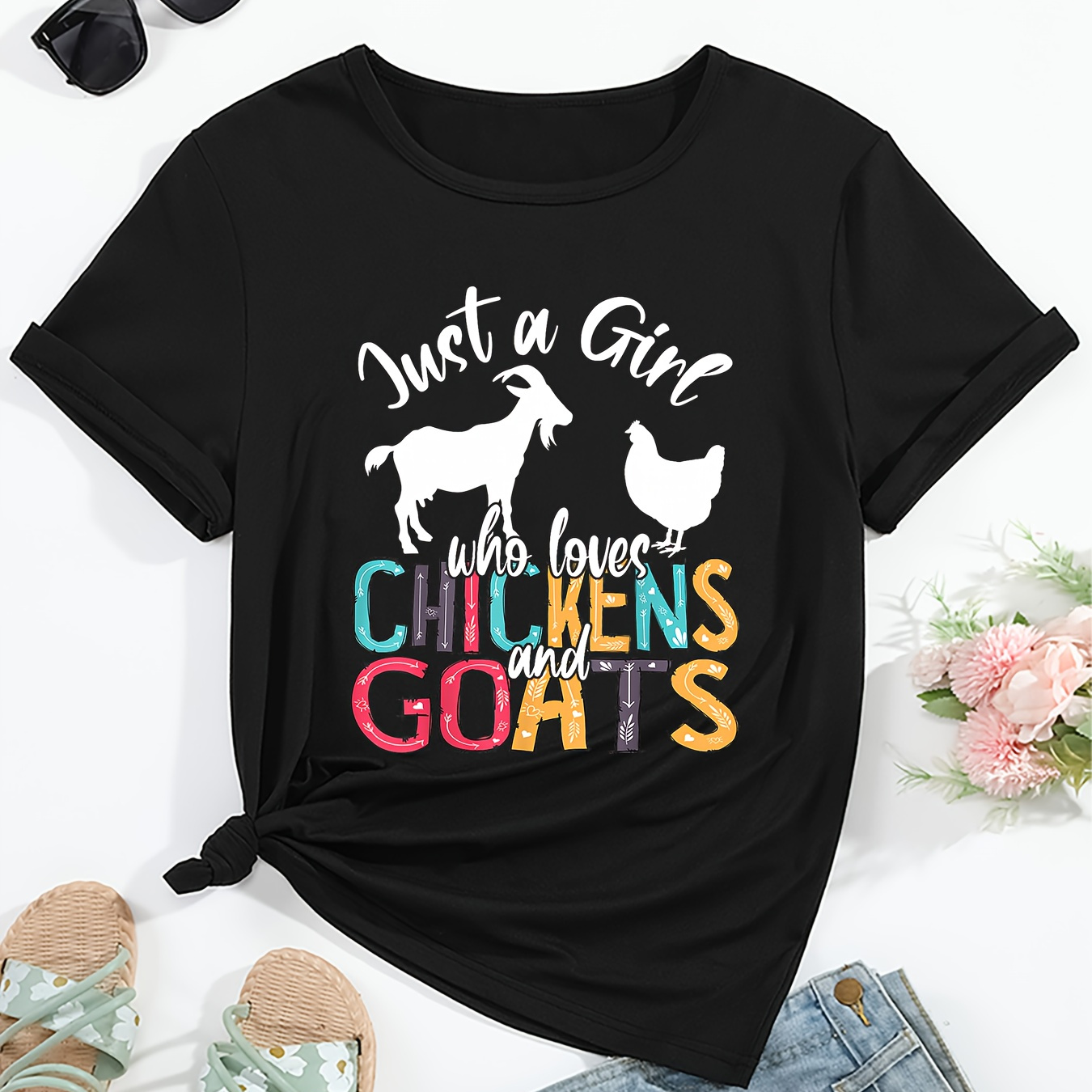 

Just A Girl Who Loves Chickens And Goats Women's Casual Sport Short Sleeve T-shirt, Fashion Sports Tee, Women Activewear