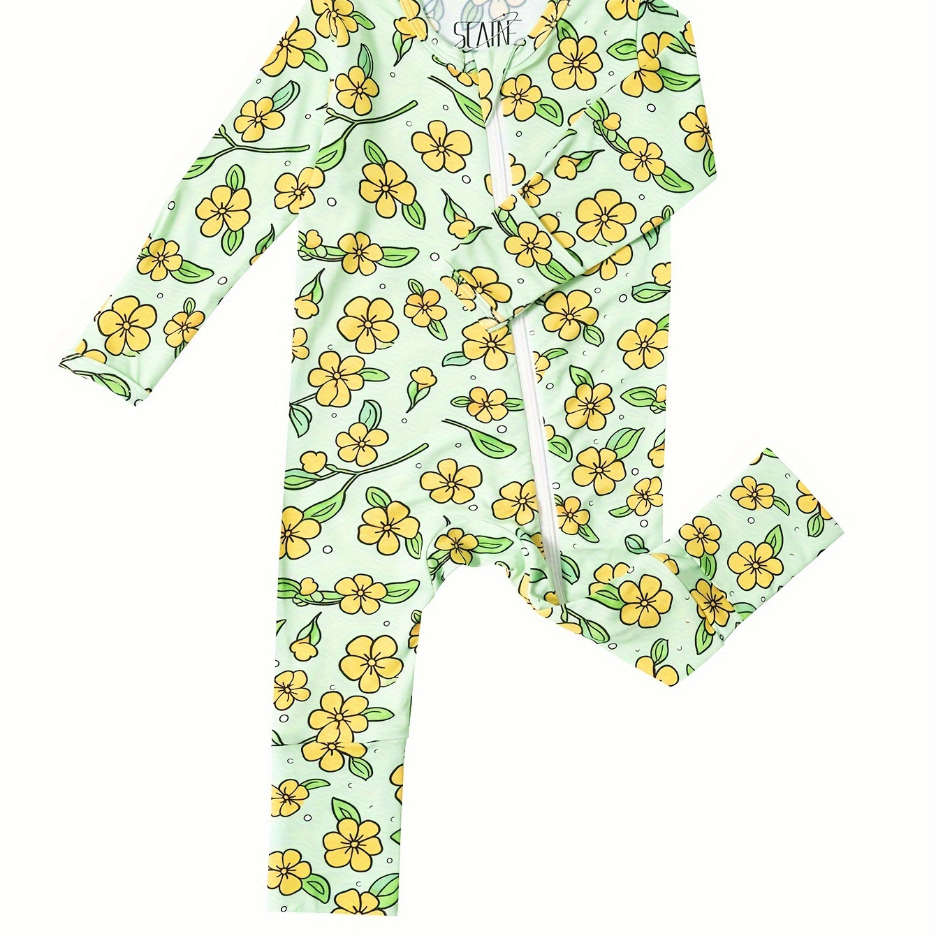 

Baby Girls Boys Bamboo Fiber Romper, Cute Floral Print, Comfortable All-season Onesie For Infants, Green & Yellow, Soft And Breathable Material