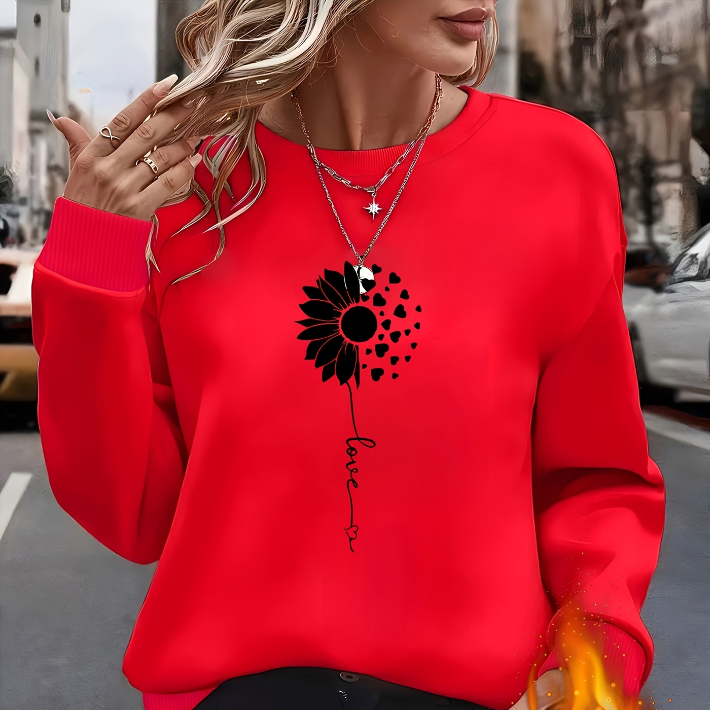 

Cozy Red Floral Fleece-lined Long Sleeve Crew Neck Sweatshirt For Women - Elegant Polyester, Machine Washable, Casual Wear|floral Heart Sweatshirt|fleecelined Interior