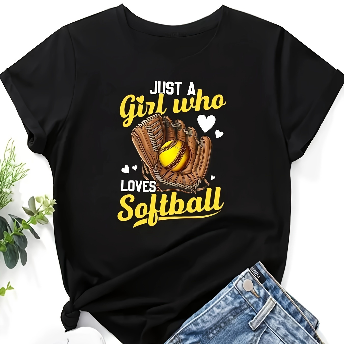 

Letter & Softball Print Round Neck Sports T-shirt, Short Sleeve Running Casual Top, Women's Activewear