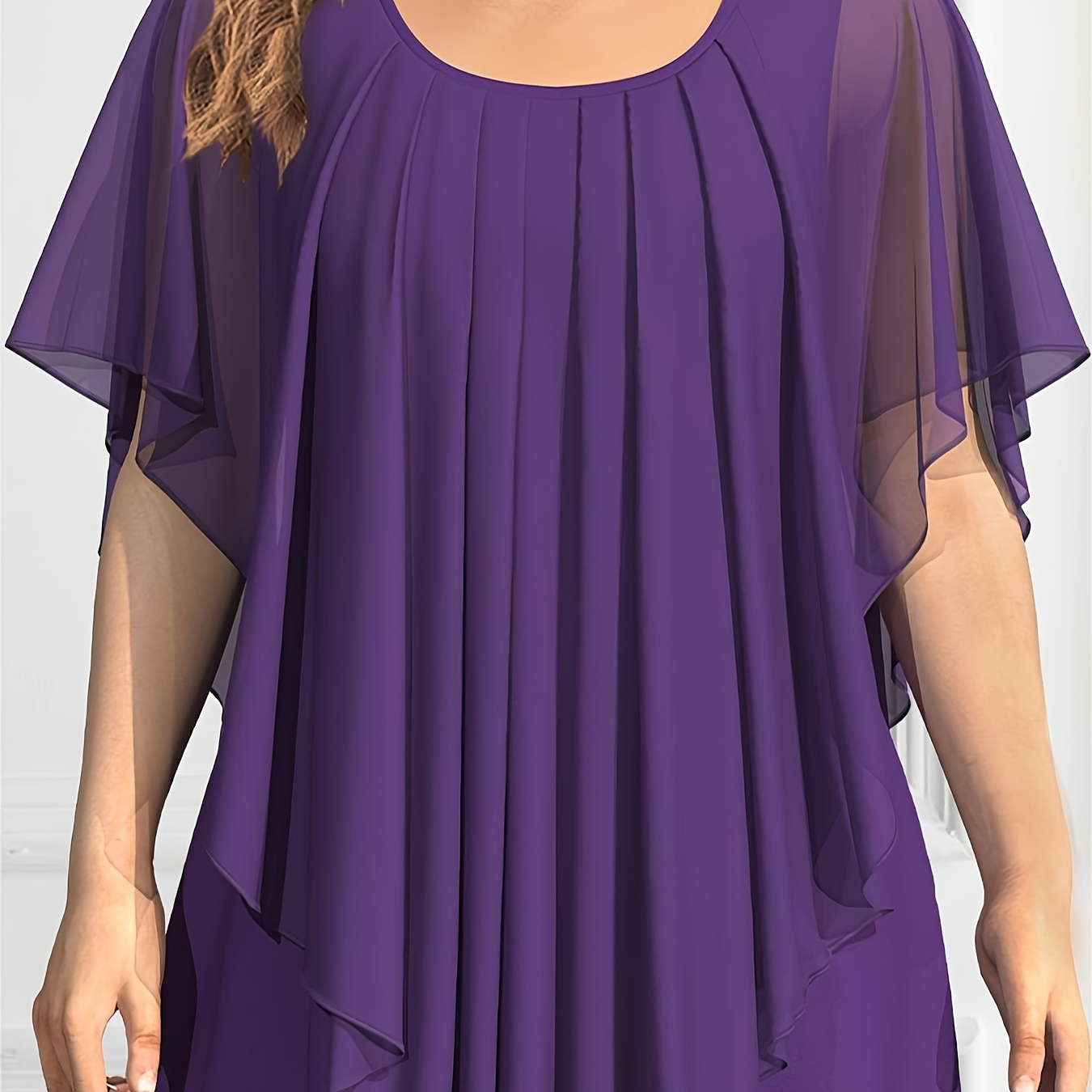 

Plus Size Elegant Top, Women's Plus Solid Layered Mesh Butterfly Sleeve Round Neck Shirt Top