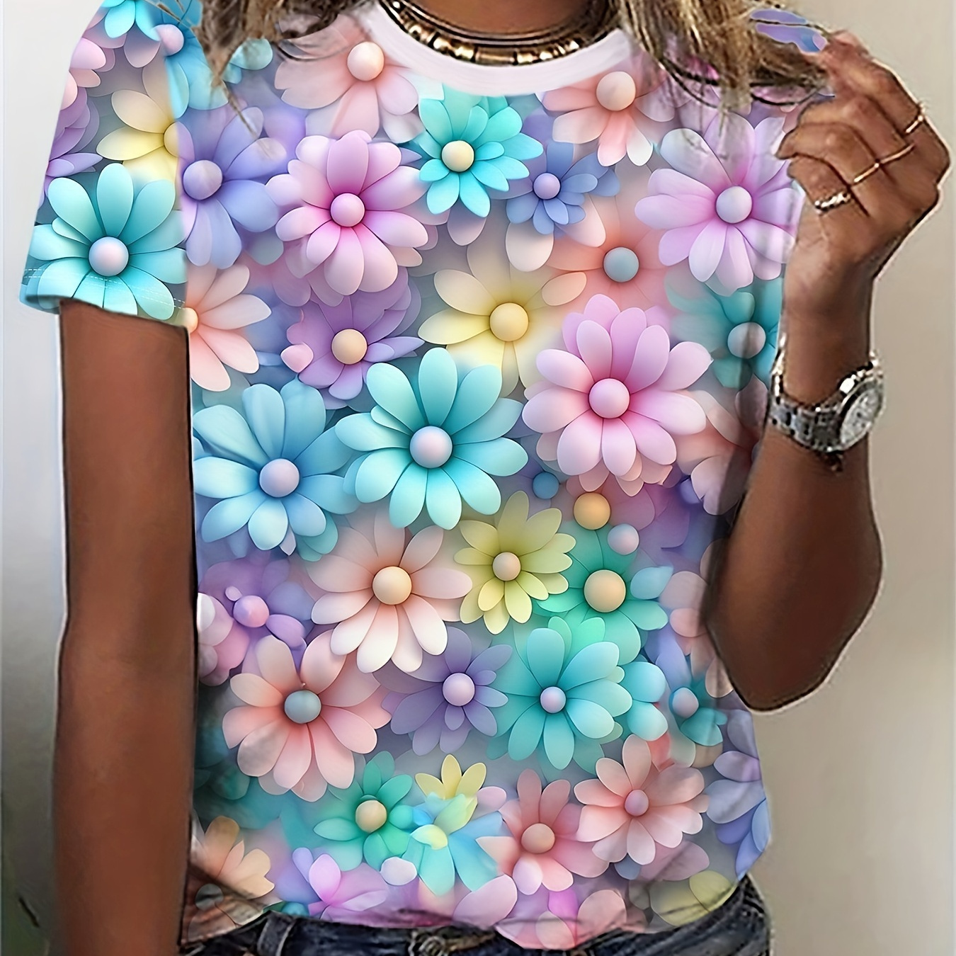 

Floral Print Crew Neck T-shirt, Casual Short Sleeve T-shirt For Spring & Summer, Women's Clothing