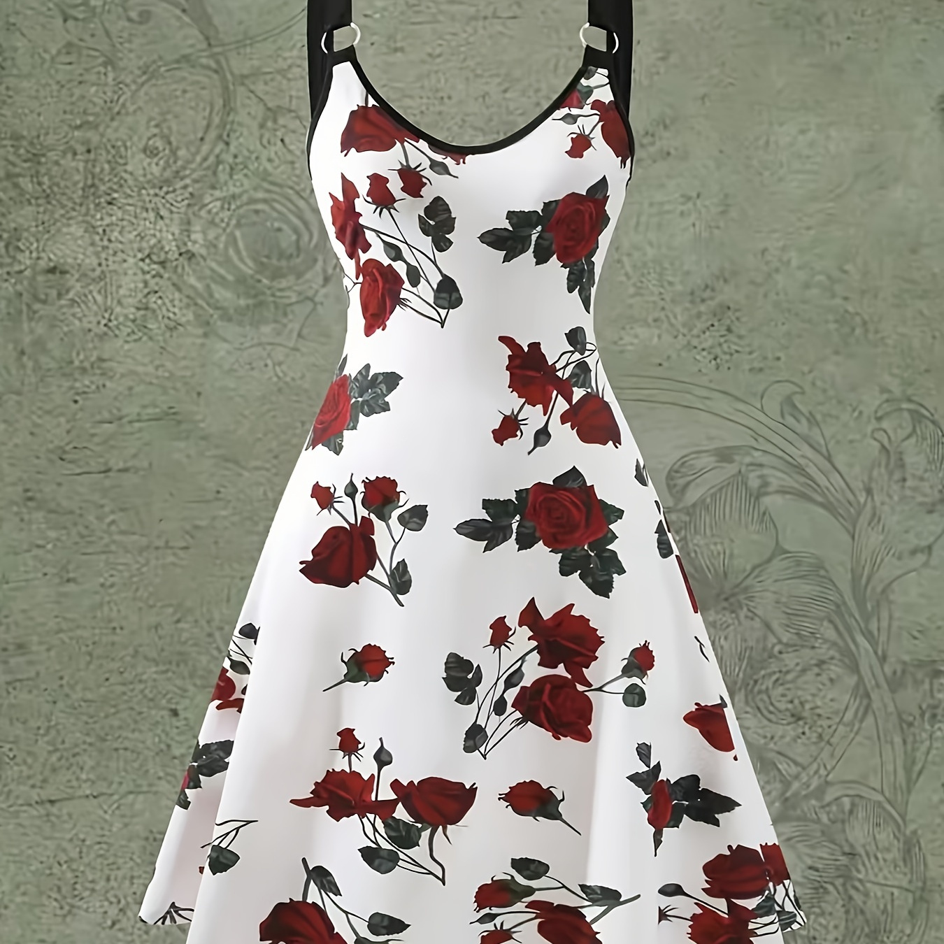 

Rose Print Spaghetti Suspender Dress, Elegant Sleeveless Cami Dress For , Women's Clothing, Floral, A-line, Vacation