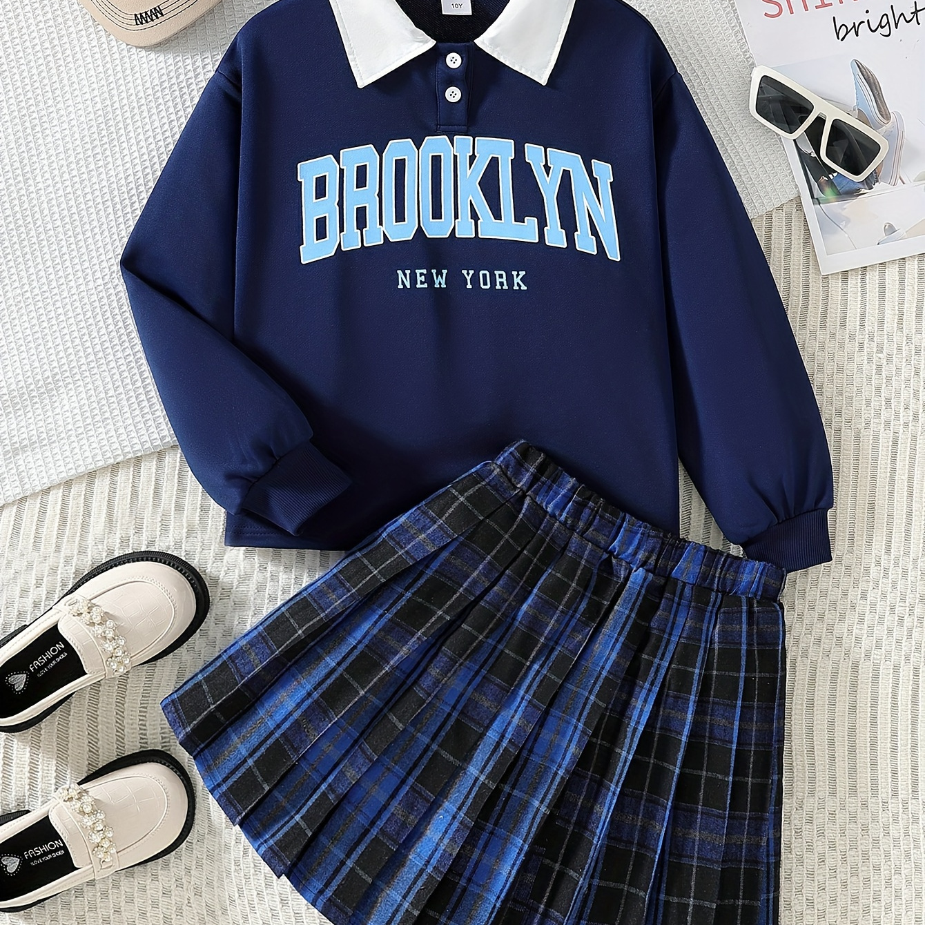 

Preppy Girls 2pcs Set 'brooklyn' Lapel Long Sleeve Sweatshirt + Pleated Blue Plaid Skirt Suitable For School And Gifts