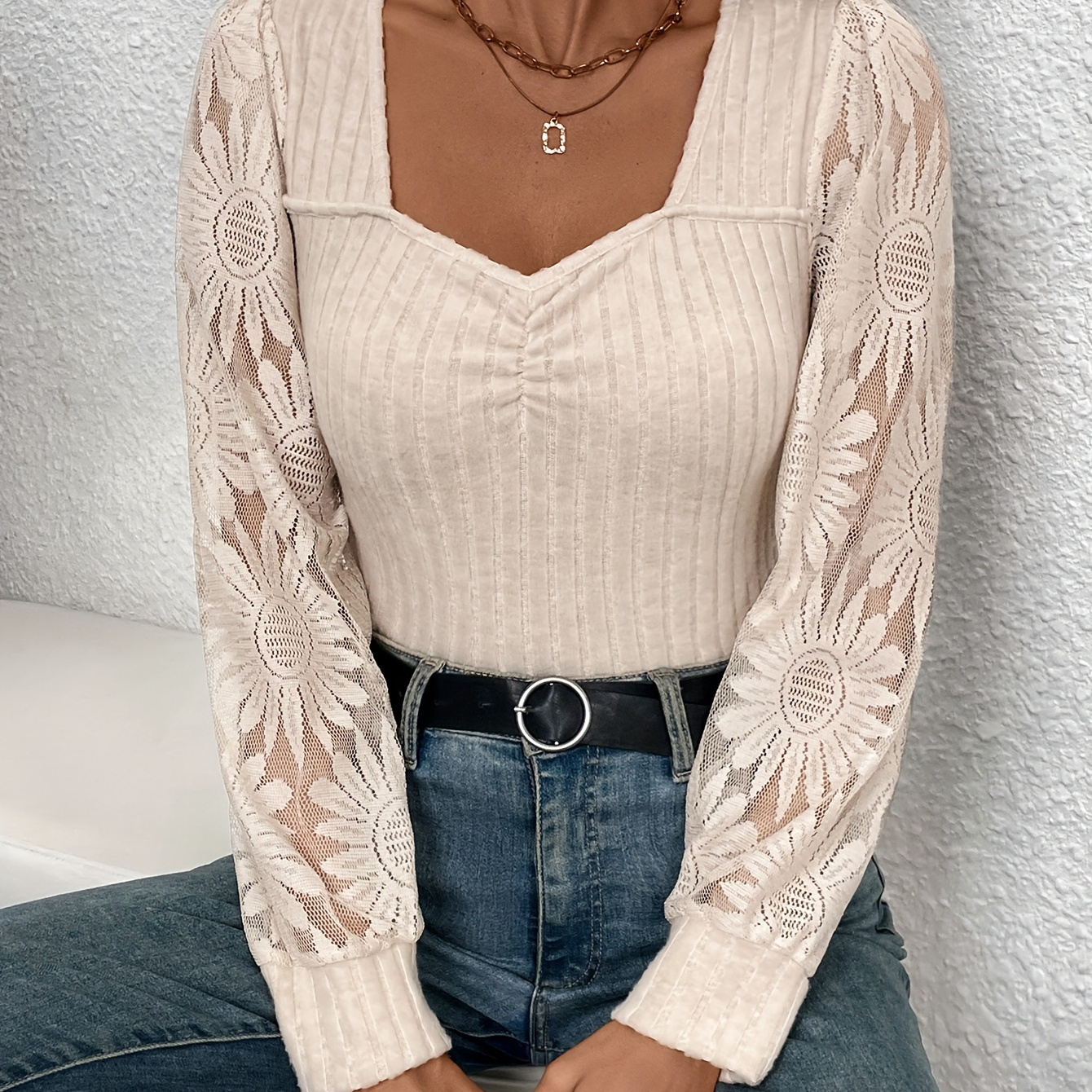 

Ribbed Neck T-shirt, Elegant Lace Splicing Long Sleeve T-shirt For Spring & Fall, Women's Clothing