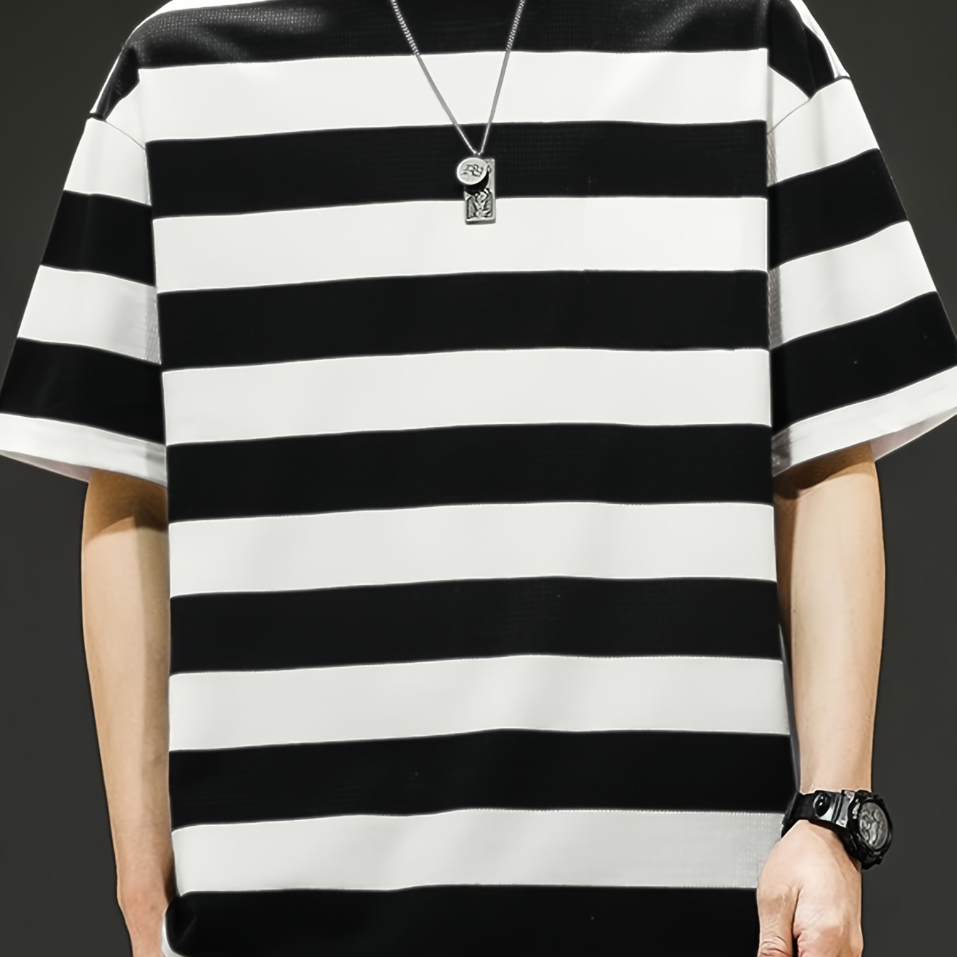 

Color Striped Crew Neck And Short Sleeve T-shirt, Tees For Men, Classic And Casual Summer Tops For Daily Outerwear