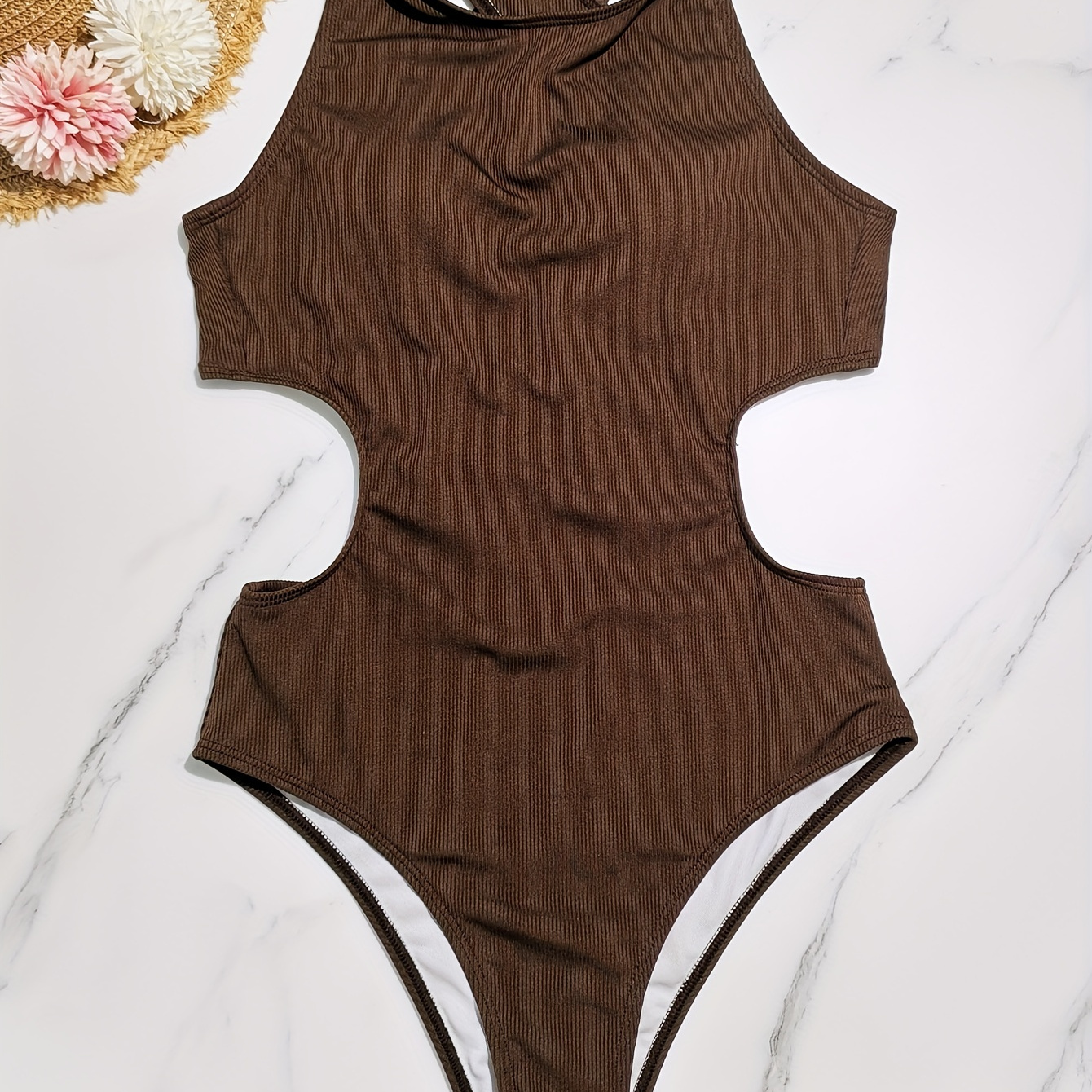 

Criss Cross Back Brown 1 Piece Swimsuit, High Round Neck High Cut Backless Bathing Suit, Women's Swimwear & Clothing