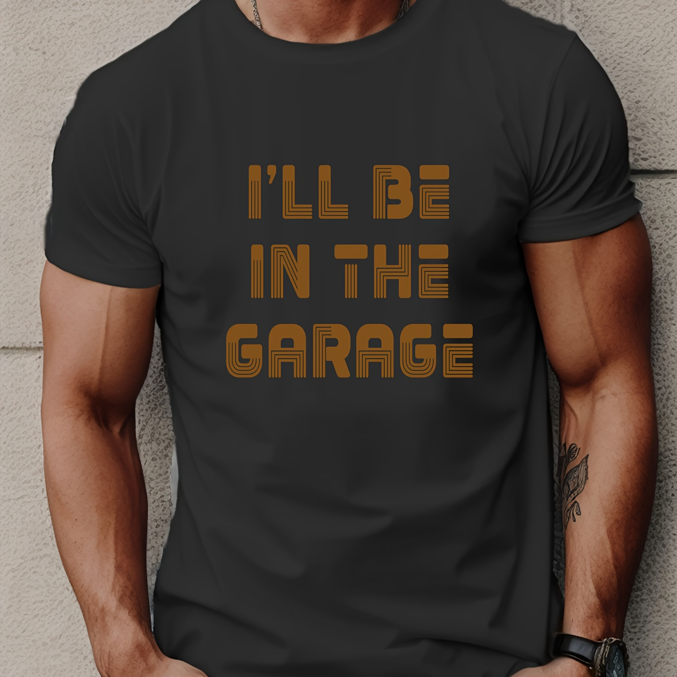 

I'll Be In The Garage Letter Creative Print Men's Crew Neck Short Sleeve Tees, Casual T-shirt, Summer Trendy Comfortable Lightweight Top For Outdoor Activities