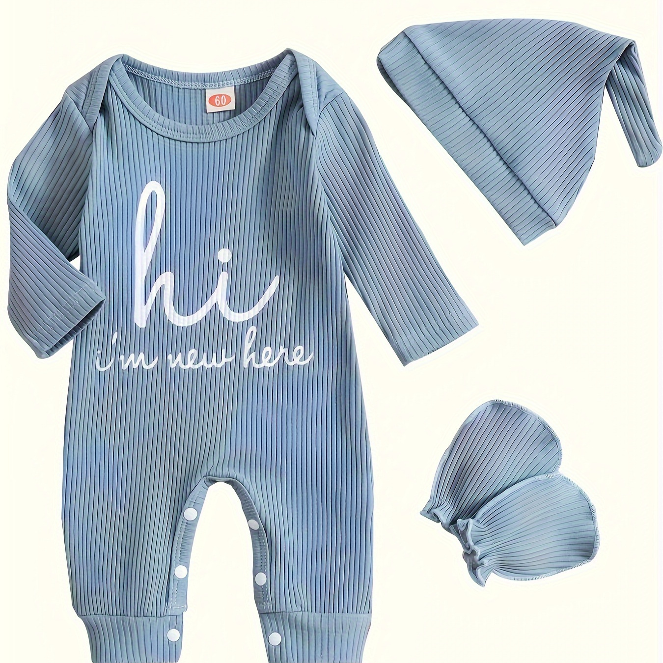 

Newborn Baby Boy's Bodysuit, "hi, I'm New Here" Print Infant Romper & Hat & Baby Mittens Set