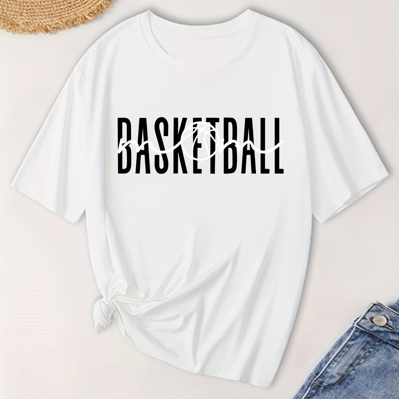 

Plus Size Basketball Print T-shirt, Casual Crew Neck Short Sleeve T-shirt, Women's Plus Size clothing
