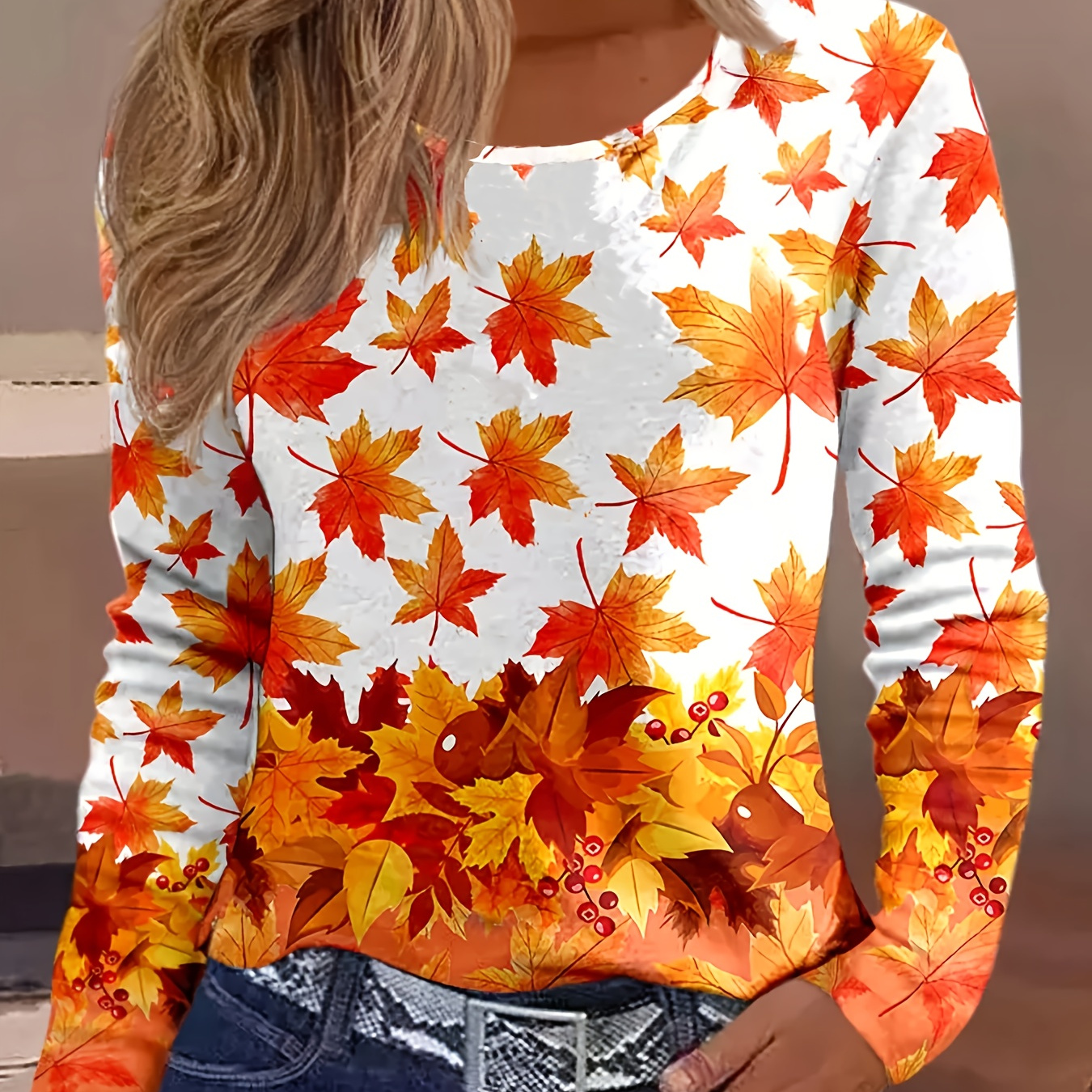 

Maple Leaf Print Crew Neck T-shirt, Casual Long Sleeve T-shirt For Spring & Fall, Women's Clothing