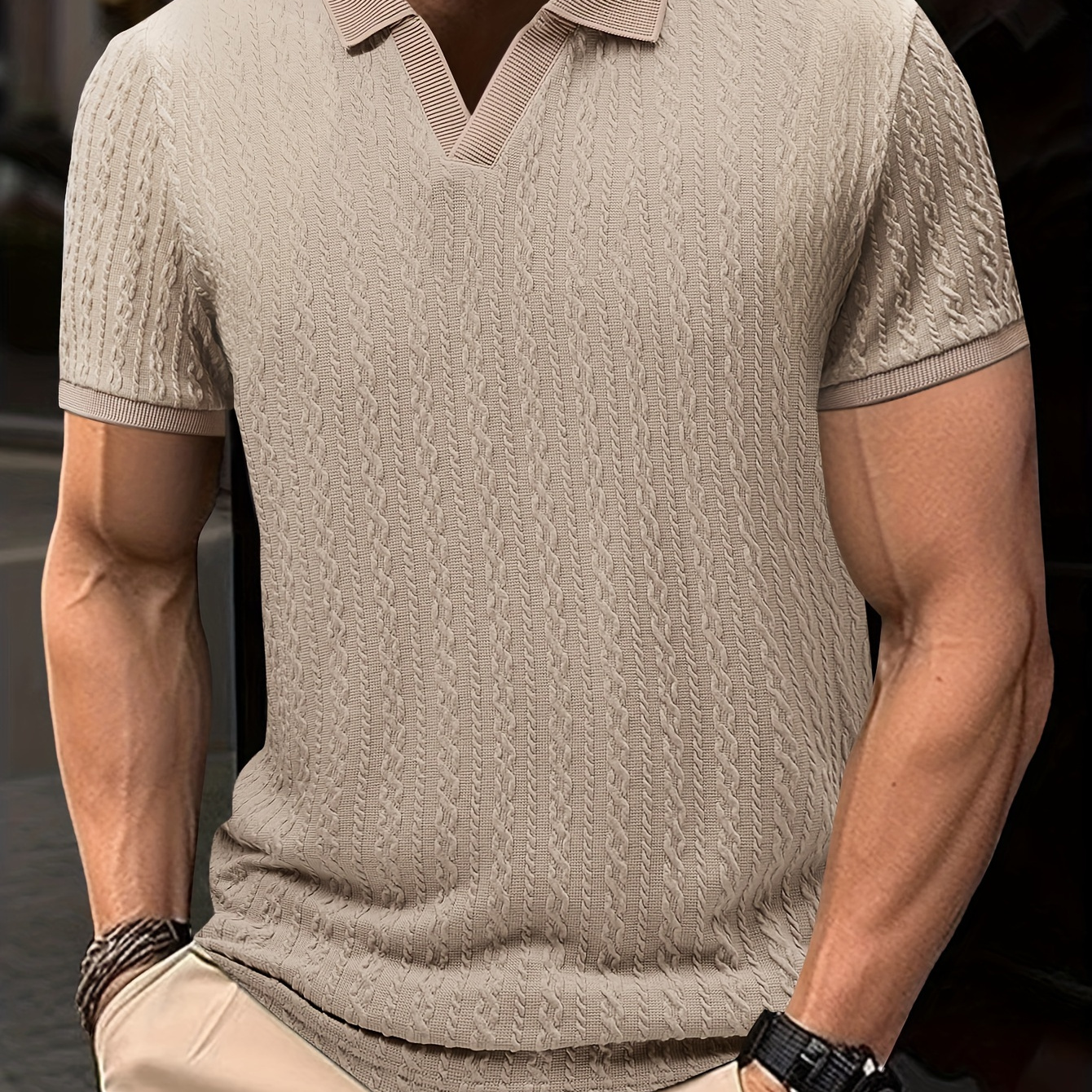 

Men's V-neck Shirt - Striped, Textured Fabric, Short Sleeve With Collar | Ideal For Business Or Casual Summer