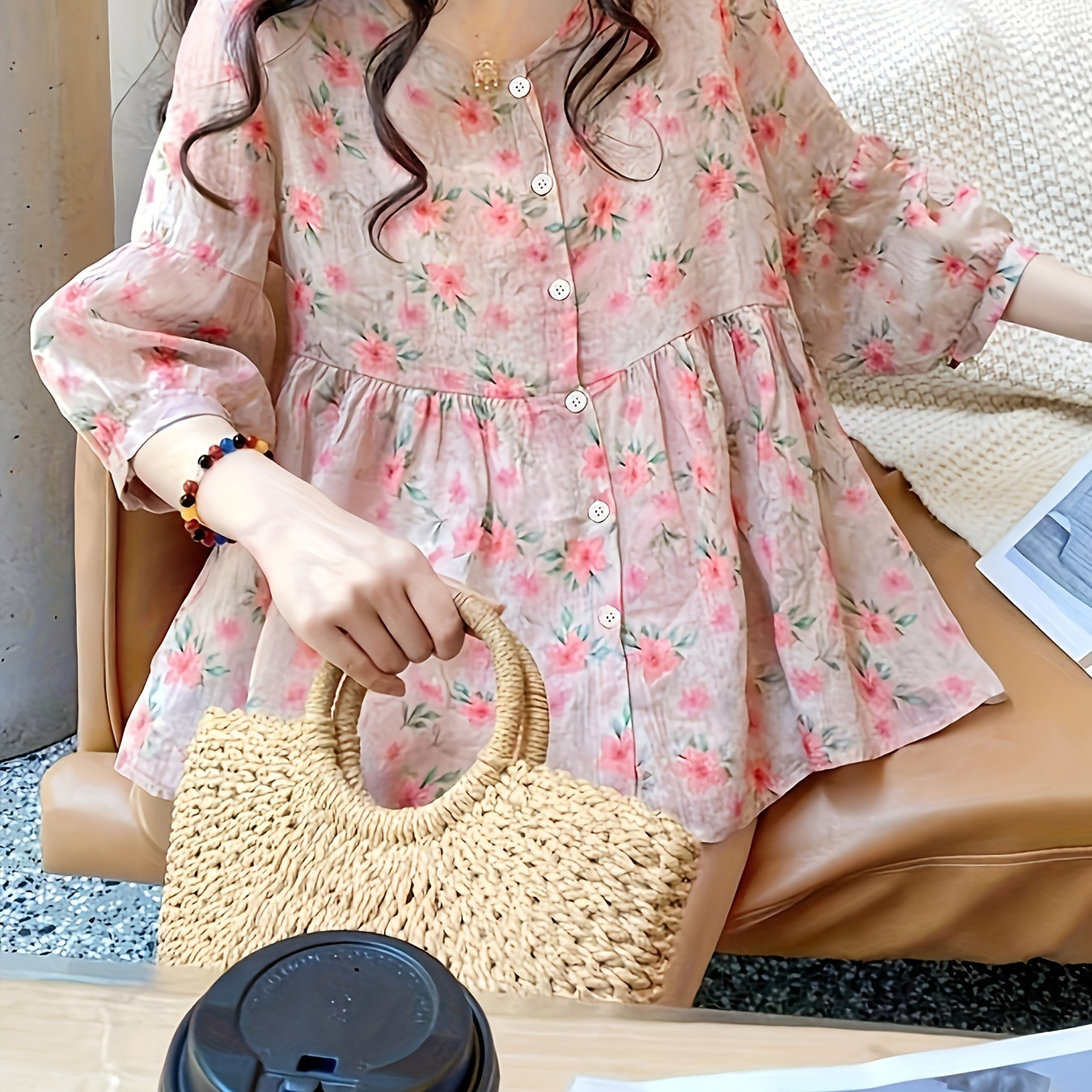 

Floral Print Button Front Shirt, Casual Long Sleeve Flare Blouse For Spring & Fall, Women's Clothing