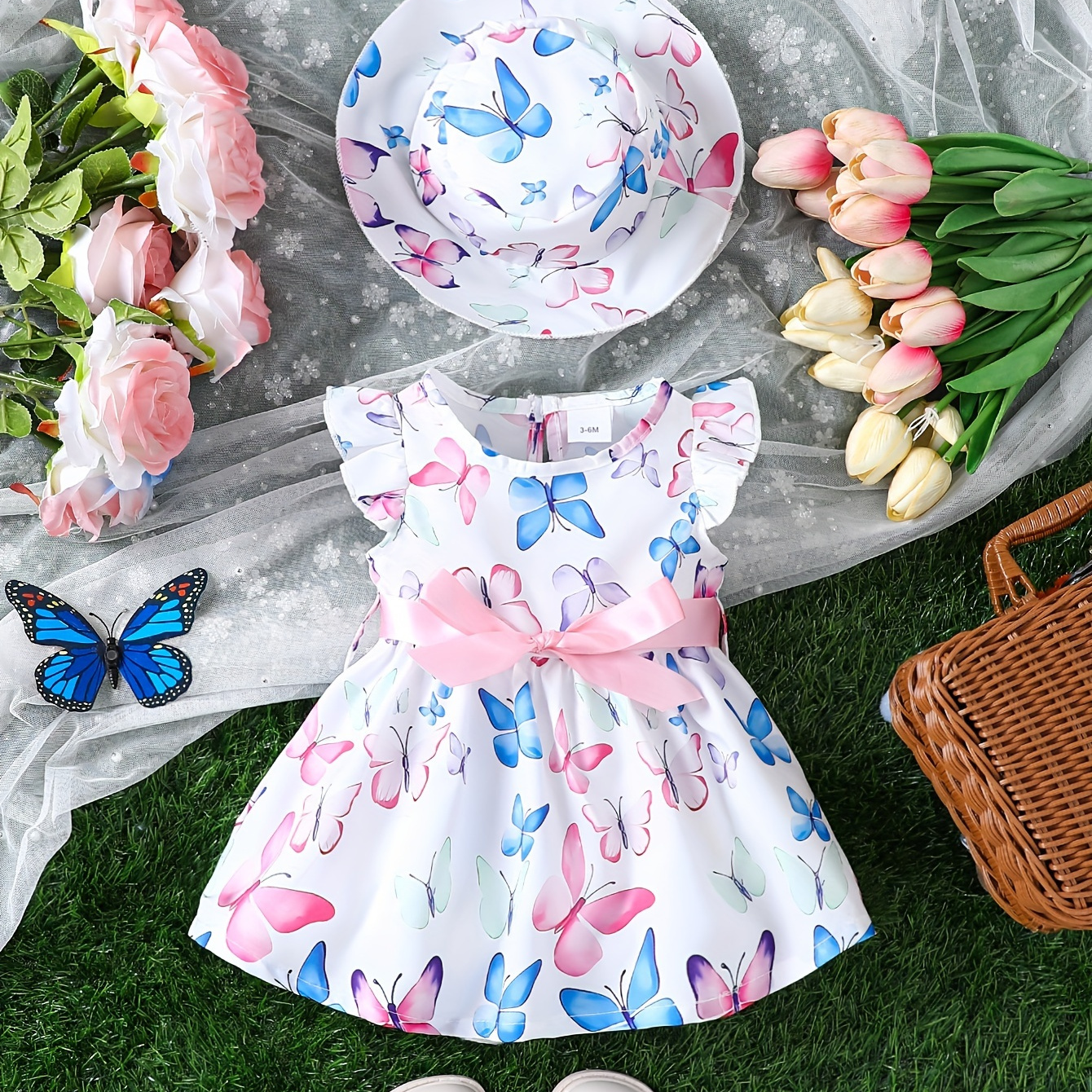 

Baby Girls' Butterfly Print Cute Flying Sleeve Dress + Hat Set