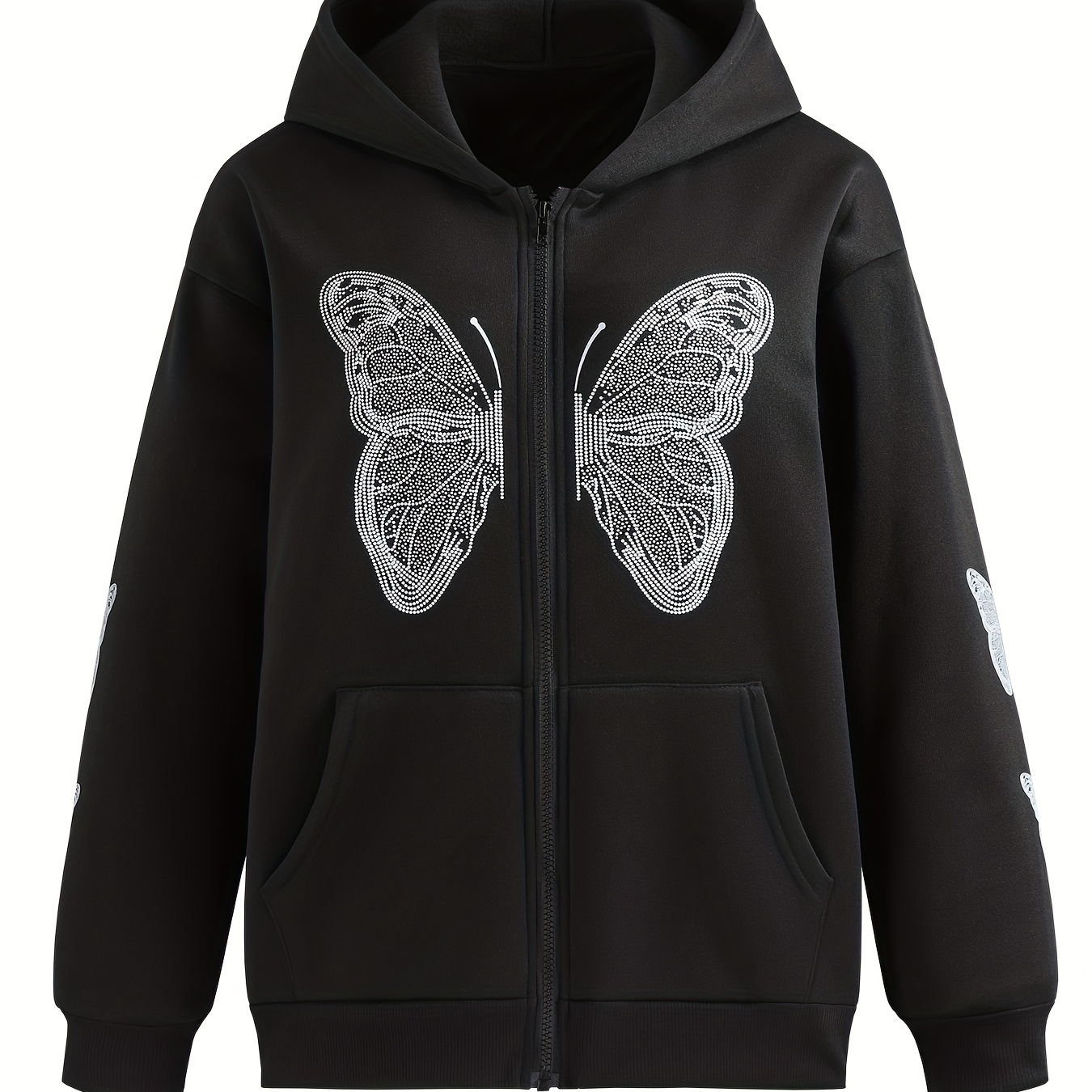 

Plus Size Butterfly Printed Zip Up Long Sleeve Hoodie, Women's Plus Casual Street Style Sweatshirt