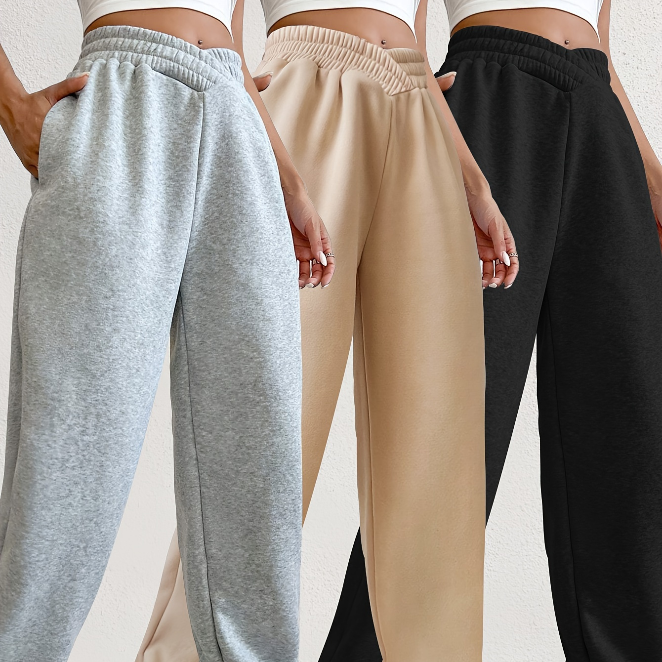 

3pcs Solid Color Waist Jogger Sweatpants, Casual Workout Pants For Spring & Fall, Women's Clothing