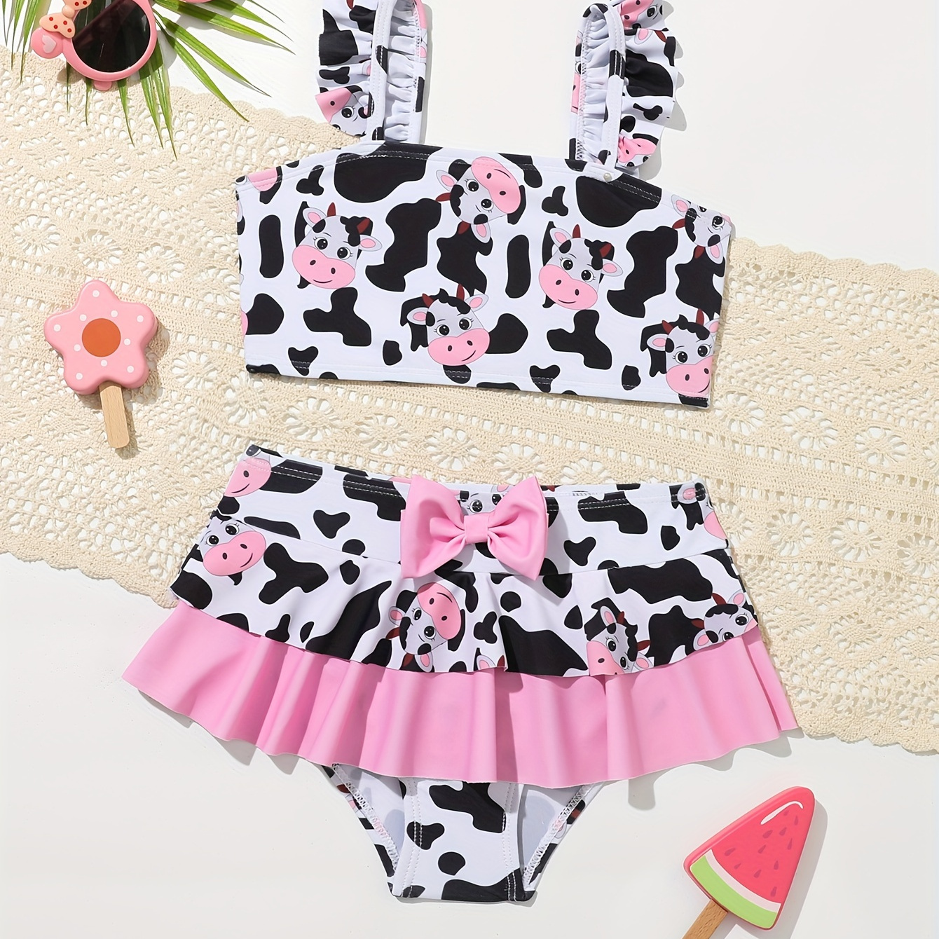 

2pcs Toddler's Cartoon Cow Pattern Bikini Set, Bowknot & Ruffle Decor Bathing Suit, Baby Girl's Swimsuit For Summer Beach Holiday