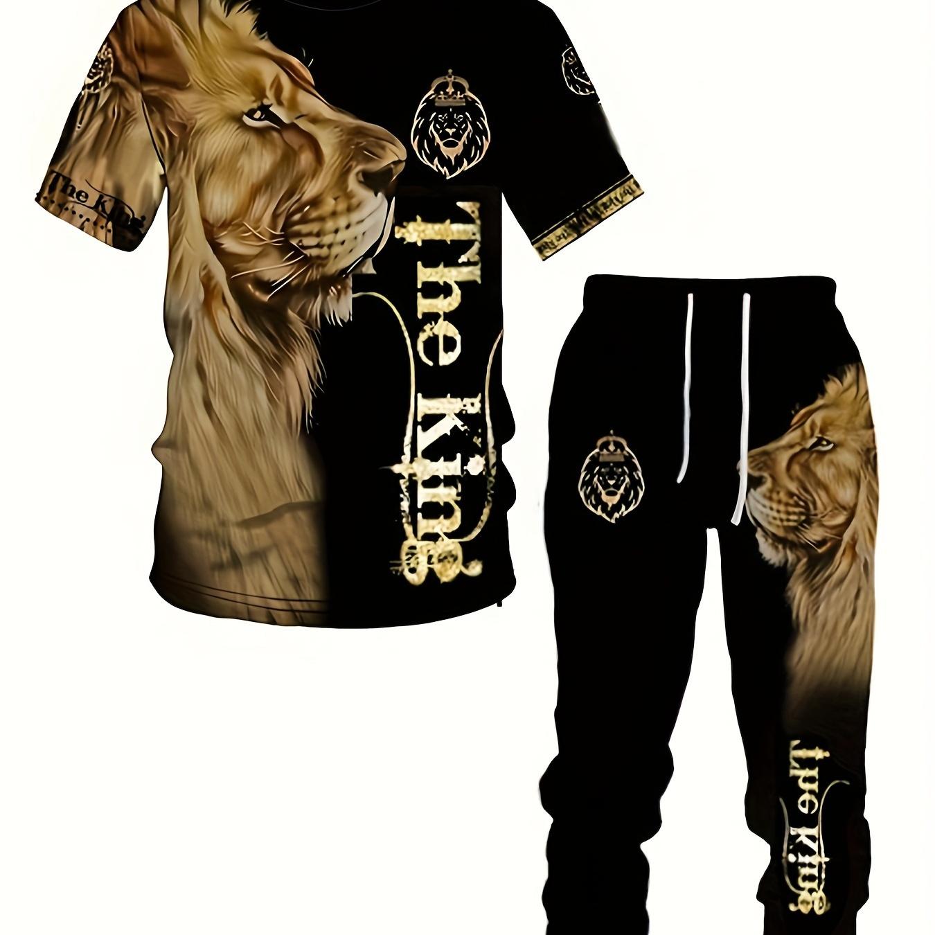 

Men's Fashion 3d Lion Print 2-piece Activewear Set, Short Sleeve T-shirt And Long Pants, Summer Comfort Fit Sports Suit