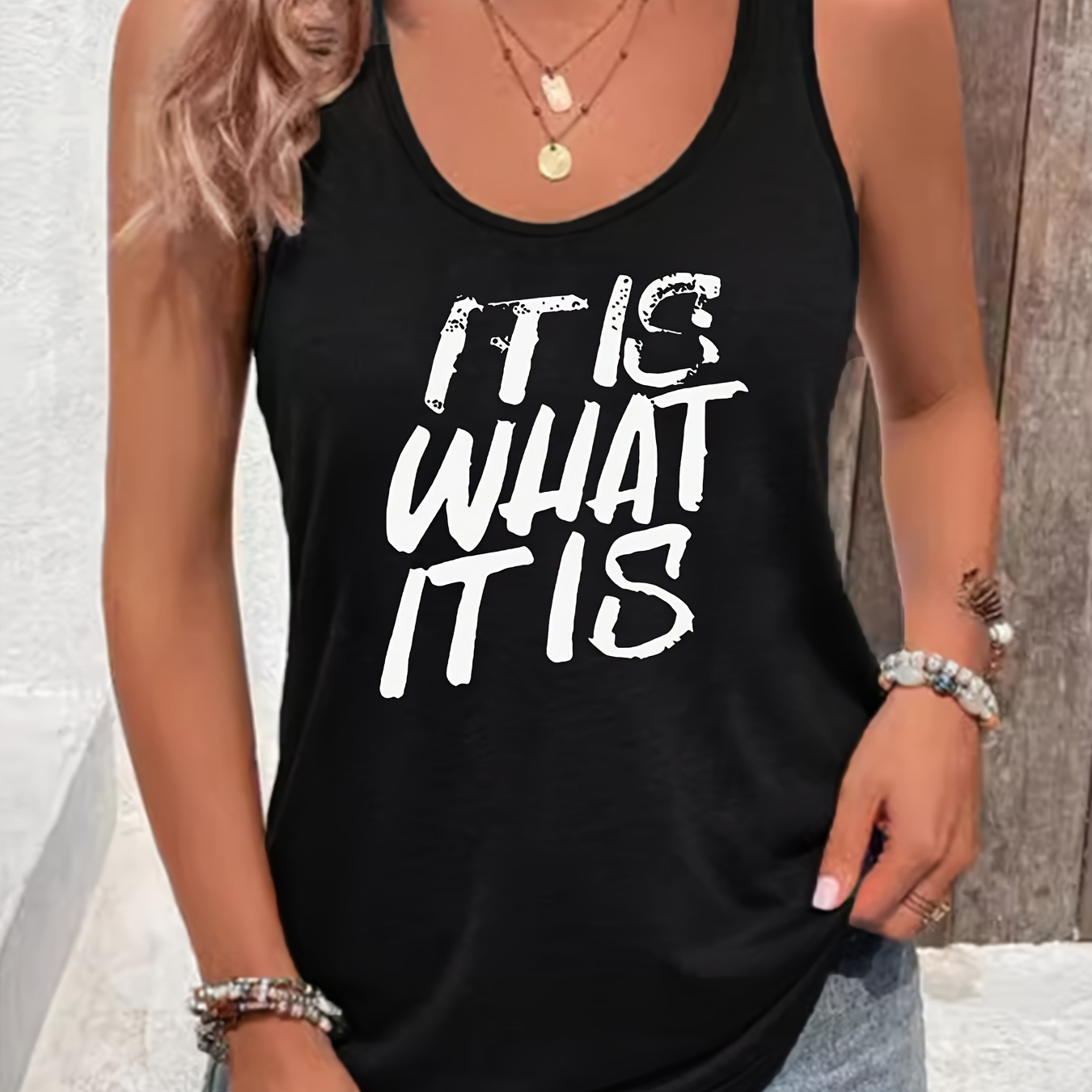 

Women's Casual Sleeveless Tank Top With "it Is What It Is" Letter Print, Racerback Design, Sports And Summer Beach Wear
