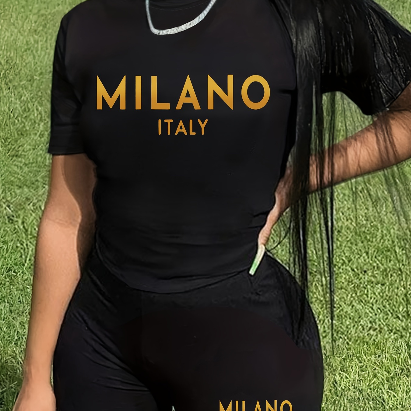 

Milano Print Casual Shorts Set, Crew Neck Short Sleeve Top & Shorts Outfits For Spring & Summer, Women's Clothing