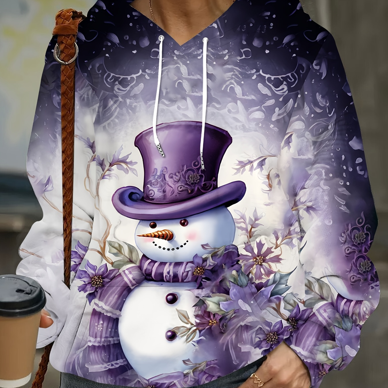 

Festive Christmas Snowman Hoodie: Adorable 3d Printed Design, Purple Christmas Theme, Knit Fabric, Pockets, And Hood For Women