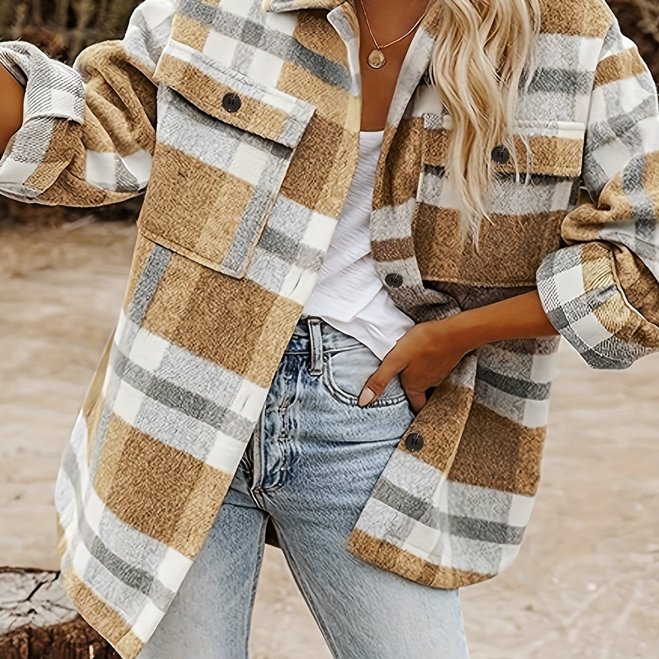 Stylish Plaid Button Down Long Sleeve Jacket, Loose Lapel Plaid Jacket,  Women's Clothing