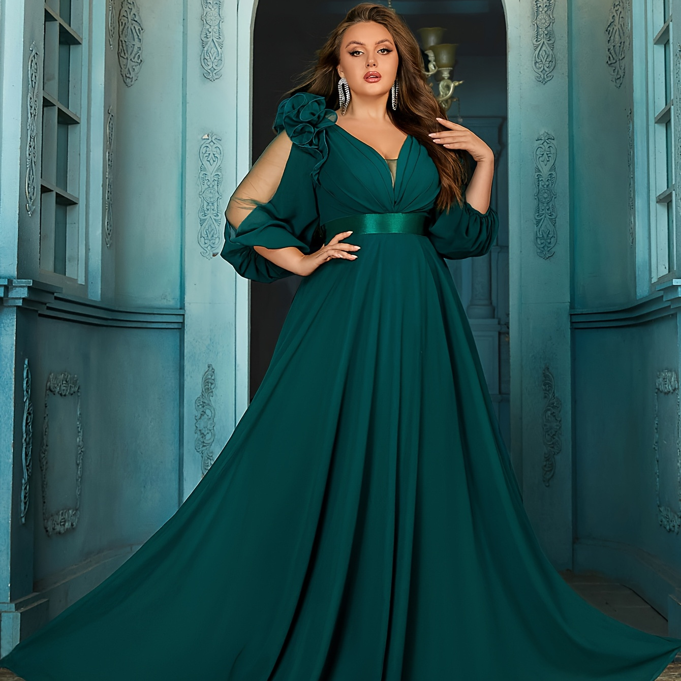 

Size Maxi Dress With V-neck And Lantern Sleeves - Sophisticated Pleated Design, Long Sleeve, Polyester, Ideal For Casual To Semi-formal