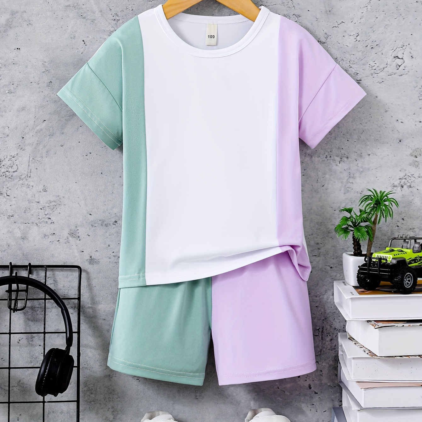 TEMU 2pcs Boys Trendy Colorblock Short Sleeve T-shirt & Shorts Set, Comfy Summer Boys Clothes