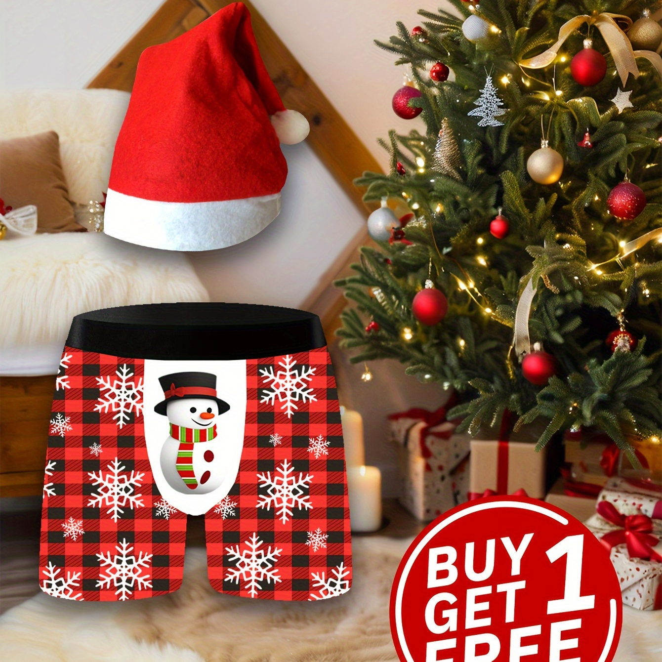 

Men's Snowman Boxer Briefs - Comfortable, Soft & Stretchy Underwear With Free Christmas Hat Gift Set