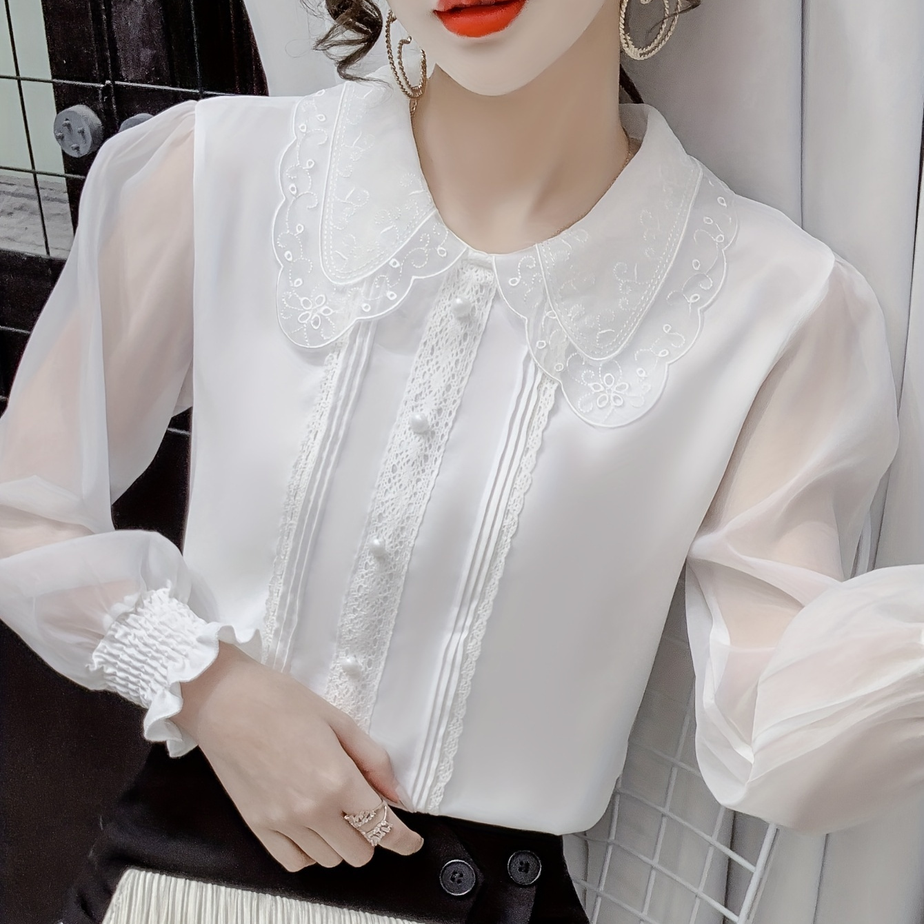 

Lace Splicing Beaded Blouse, Elegant Long Sleeve Blouse For Spring & Fall, Women's Clothing