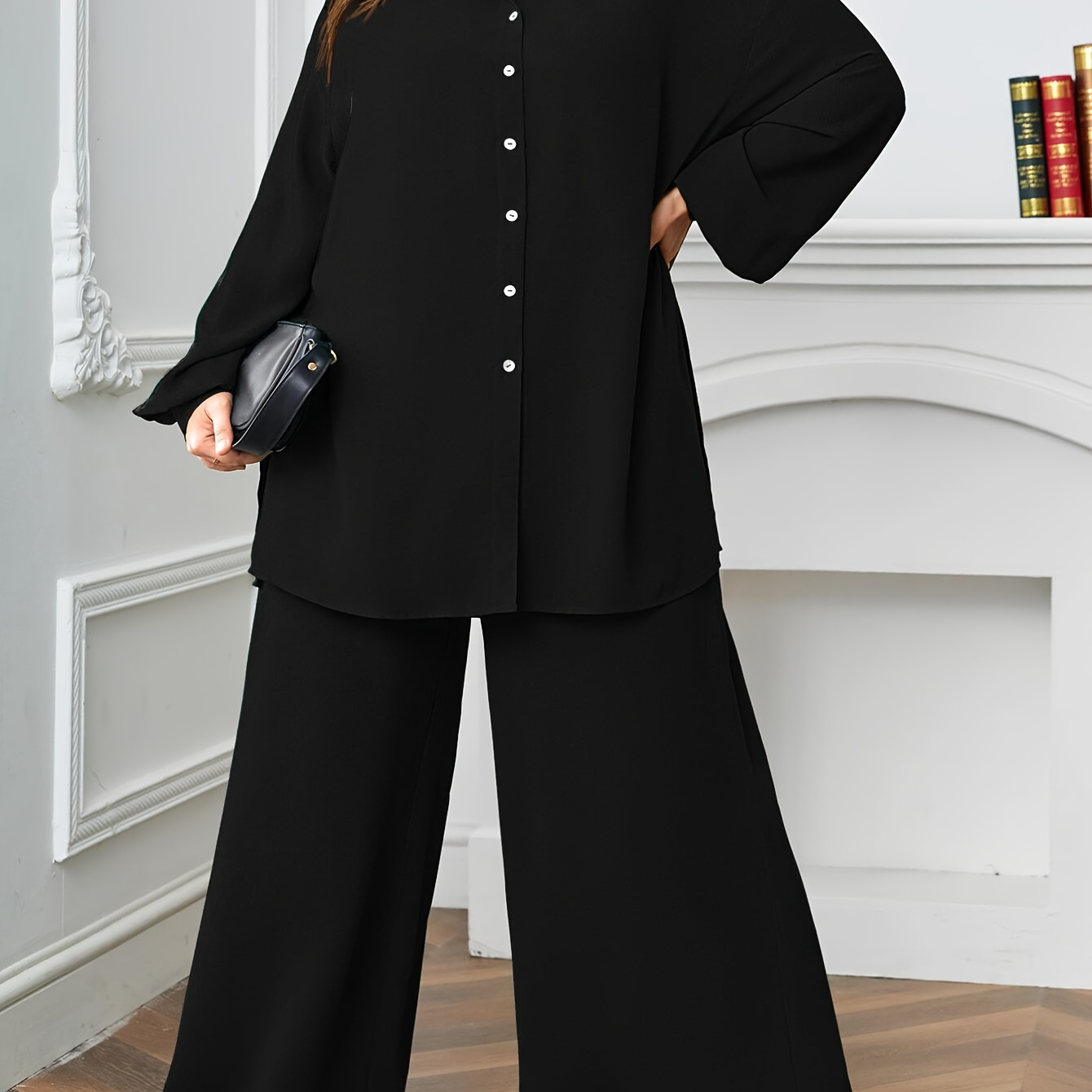 

Ensemble pantalon élégant grande taille de couleur unie, chemise à manches longues boutonnée sur le devant et pantalon large pour le printemps, vêtements grande taille pour femmes