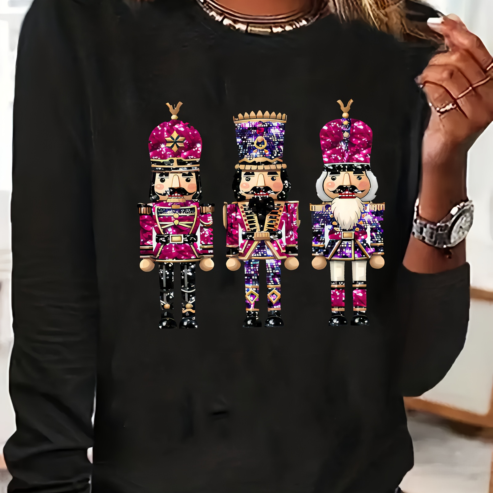 

Vintage-inspired Nutcracker Print Long Sleeve T-shirt For Women - Soft Polyester & Spandex , Machine Washable, Crew Neck