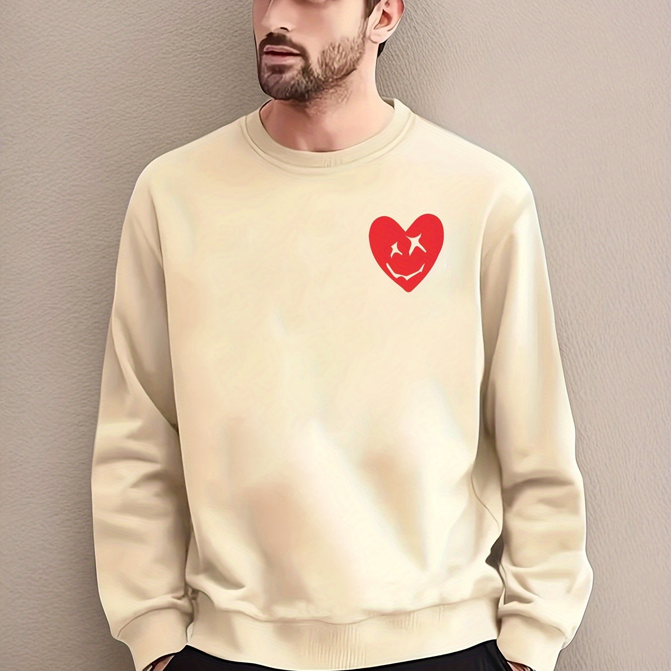 

Love Heart Print Trendy Sweatshirt, Men's Casual Graphic Design Crew Neck Pullover Sweatshirt For Men Fall Winter