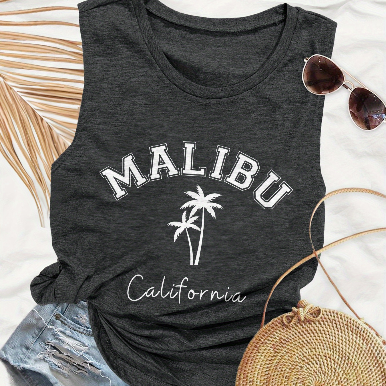 

Print Crew Neck Tank Top, Casual Sleeveless Tank Top For Summer, Women's Clothing