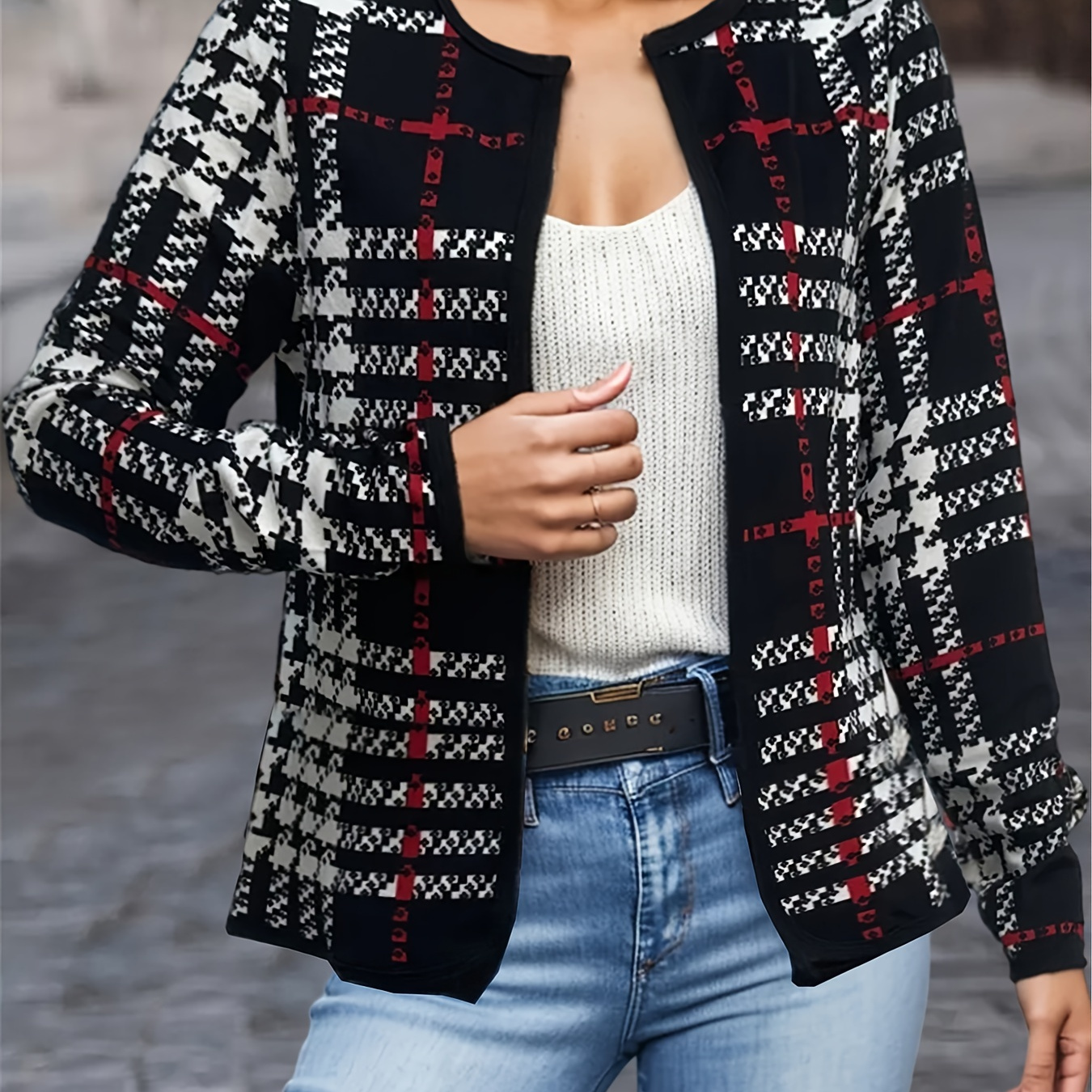 

Plus Size Houndstooth Print Jacket, Casual Long Sleeve Open Front Jacket, Women's Plus Size clothing