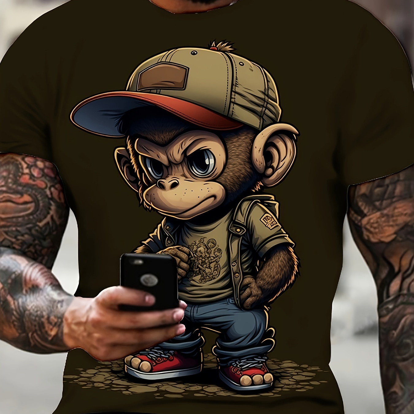 

Plus Size Men's Cool Cartoon Monkey Graphic Print T-shirt For Summer, Outdoor Sports Short Sleeve Tees For Males