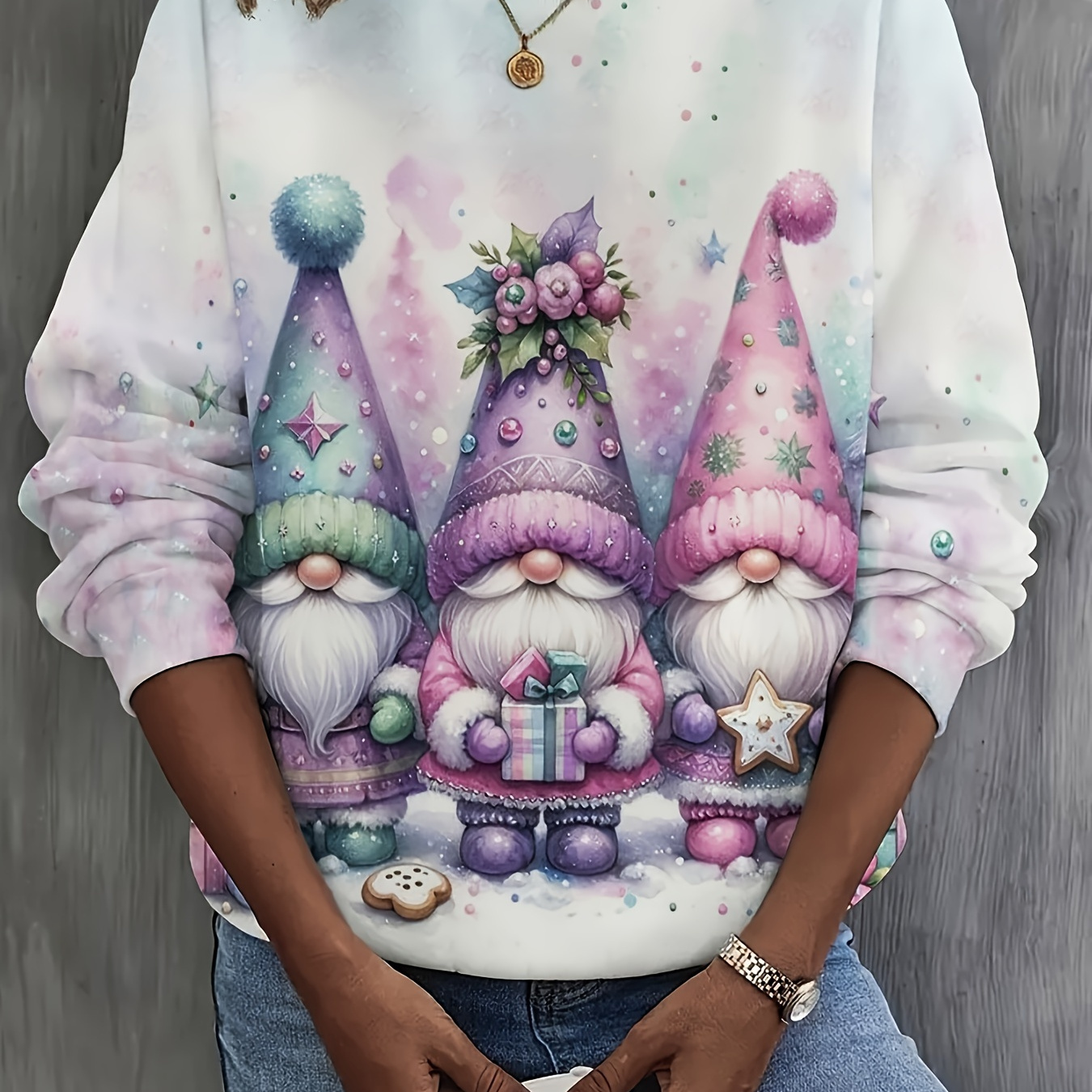 

1pc Christmas Gnomes Long Sleeve Sweatshirt For Women, Round Polyester Top , Regular Fit H For /