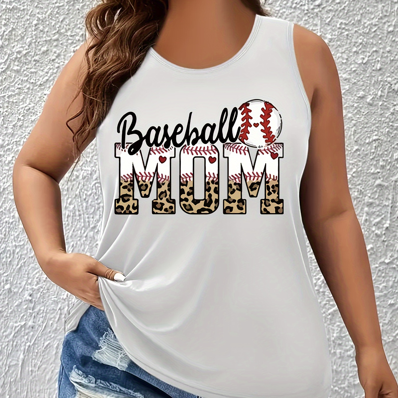 

Plus Size Baseball Mom Print Tank Top, Casual Sleeveless Crew Neck Top For Summer & Spring, Women's Plus Size Clothing