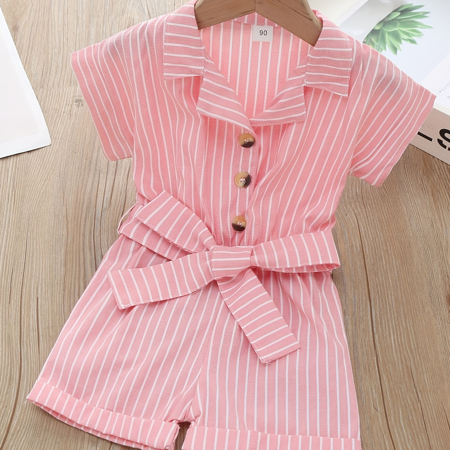 

Baby Girl's Casual Striped Belted Short Sleeve Romper, Preppy Style Infant Jumpsuit Clothes