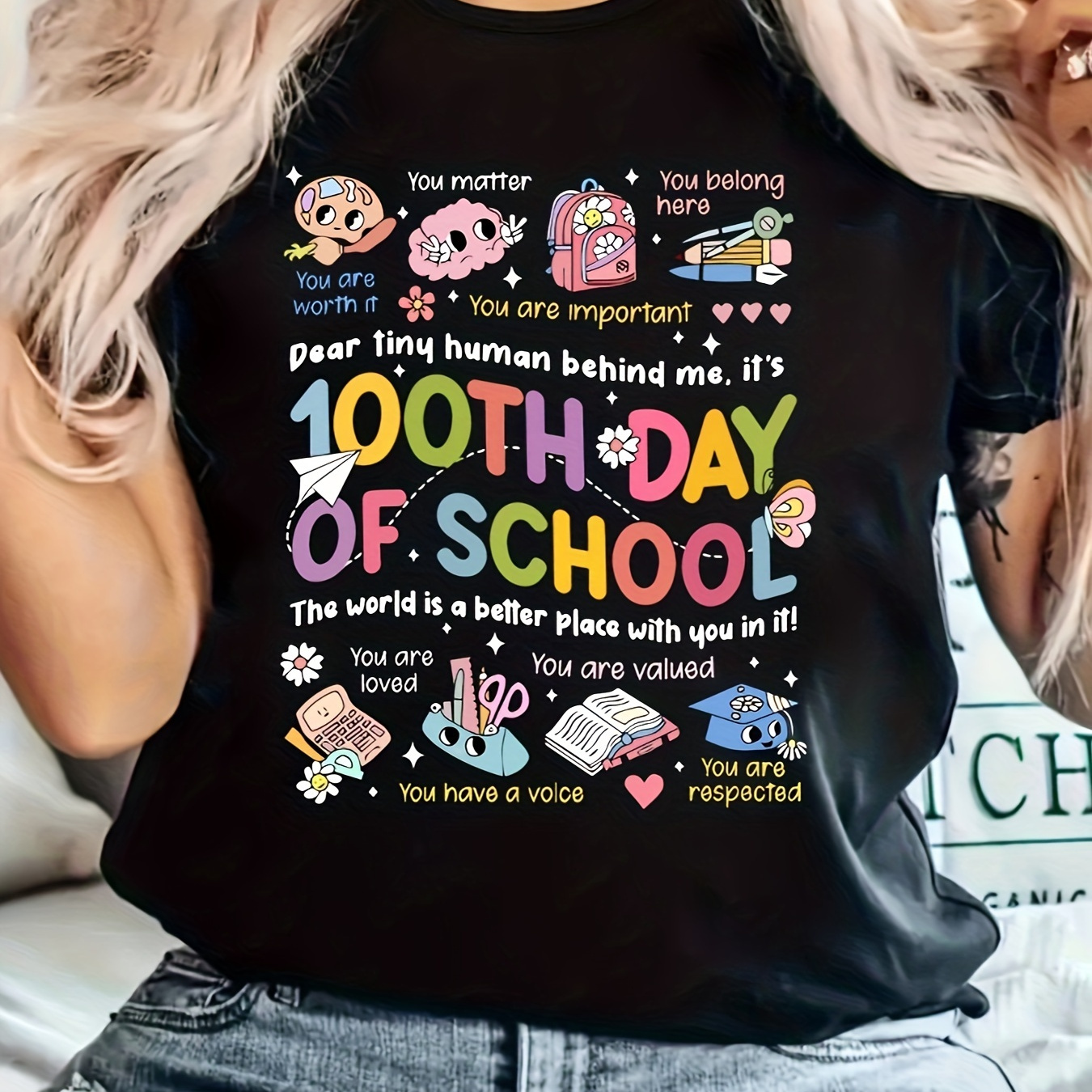 

School Day Letter Print T-shirt, Short Sleeve Crew Neck Casual Top For Summer & Spring, Women's Clothing