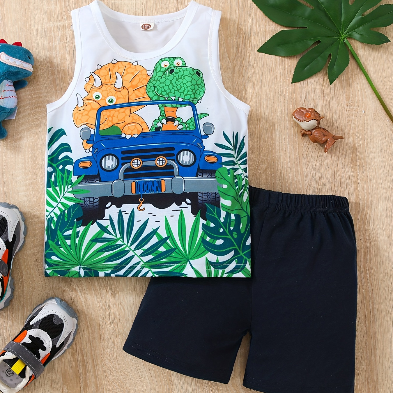 Boys Cartoon Dinosaurs Driving Car Casual Outfit Round Neck Tank Top & Shorts Comfortable Breathable For Summer Kids Clothes