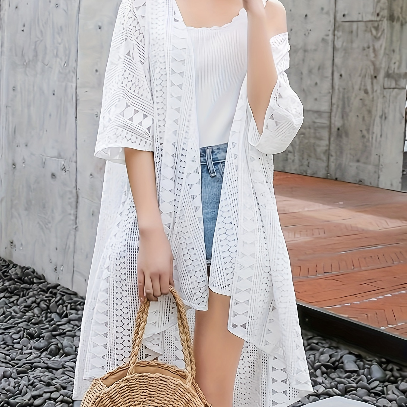 

Solid Color Lace Cardigan, Casual Open Front Loose Short Sleeve Cardigan For Spring & Summer, Women's Clothing