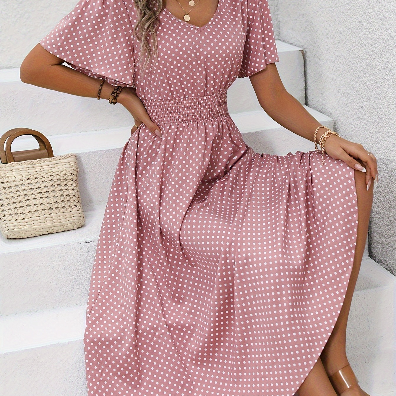 

Allover Print Shirred Waist Dress, Casual Short Sleeve Dress For Spring & Summer, Women's Clothing