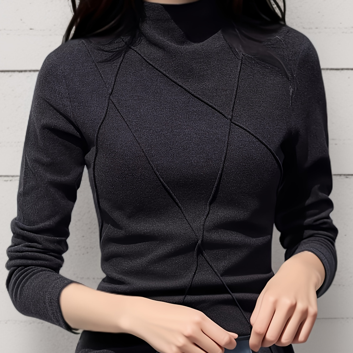 

Elegant Mock Neck Fleece-lined Top For Women - , Stretchy & Warm Autumn/winter Sweater